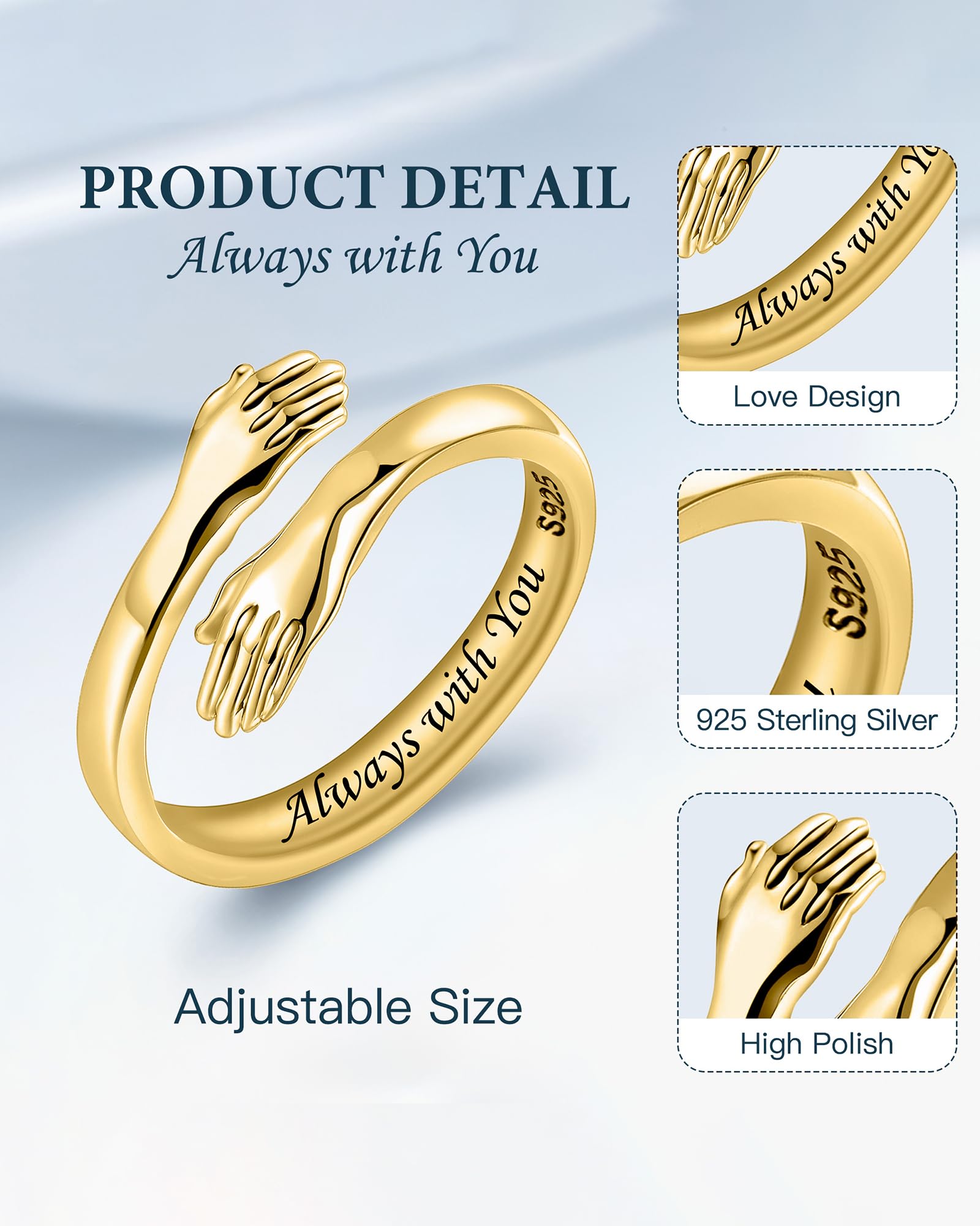 LOVECOM Anillos de plata de ley S925 para mujer, ajustable, abrazando, con manos de esperanza, anillo de amistad, joyería de cumpleaños, regalos de graduación para mamá, esposa, hija, abuela, amigos