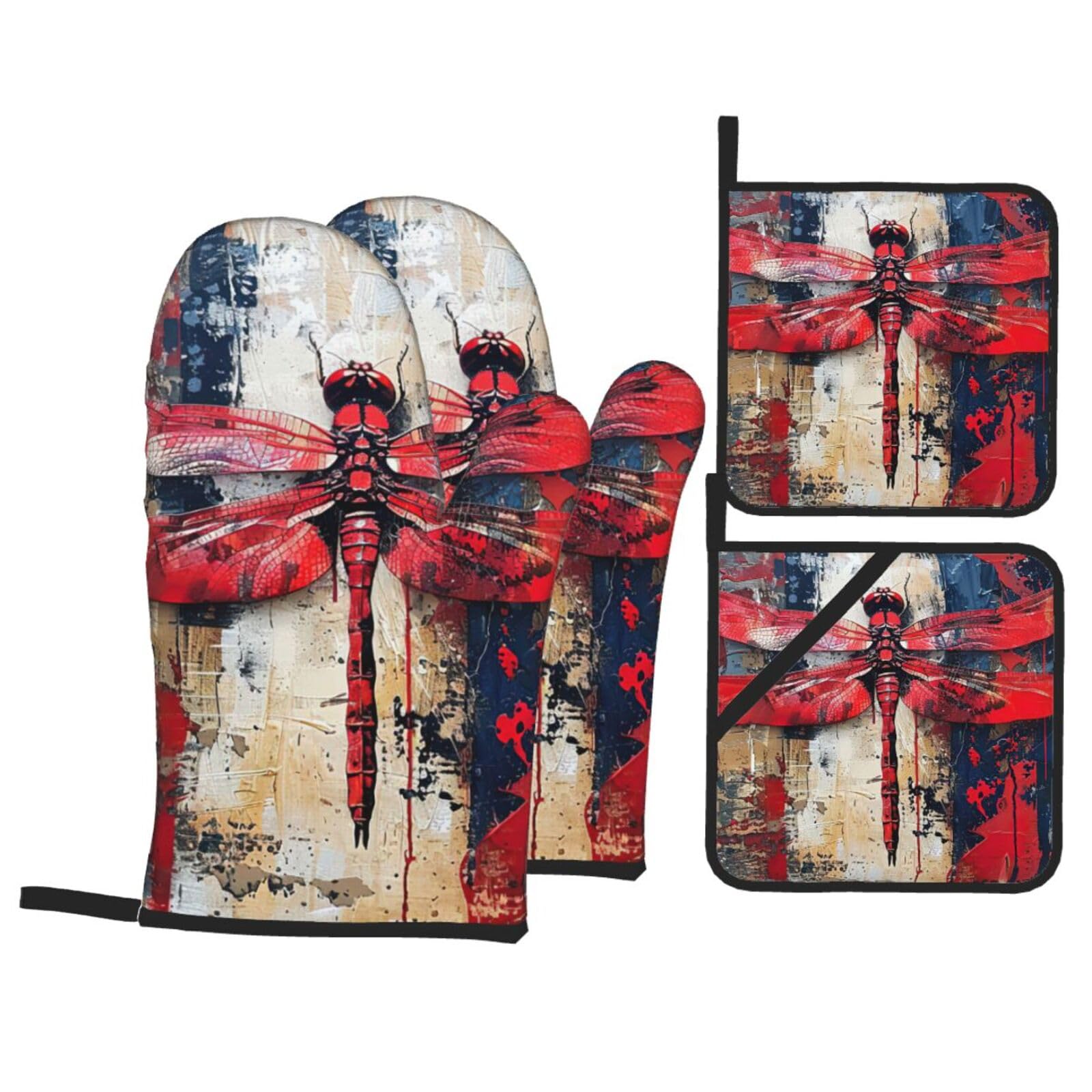 Abstract Red Dragonfly Print 4-Piece Oven Microwaving Set Waterproof Kitchen Gloves for Baking Grilling Cooking