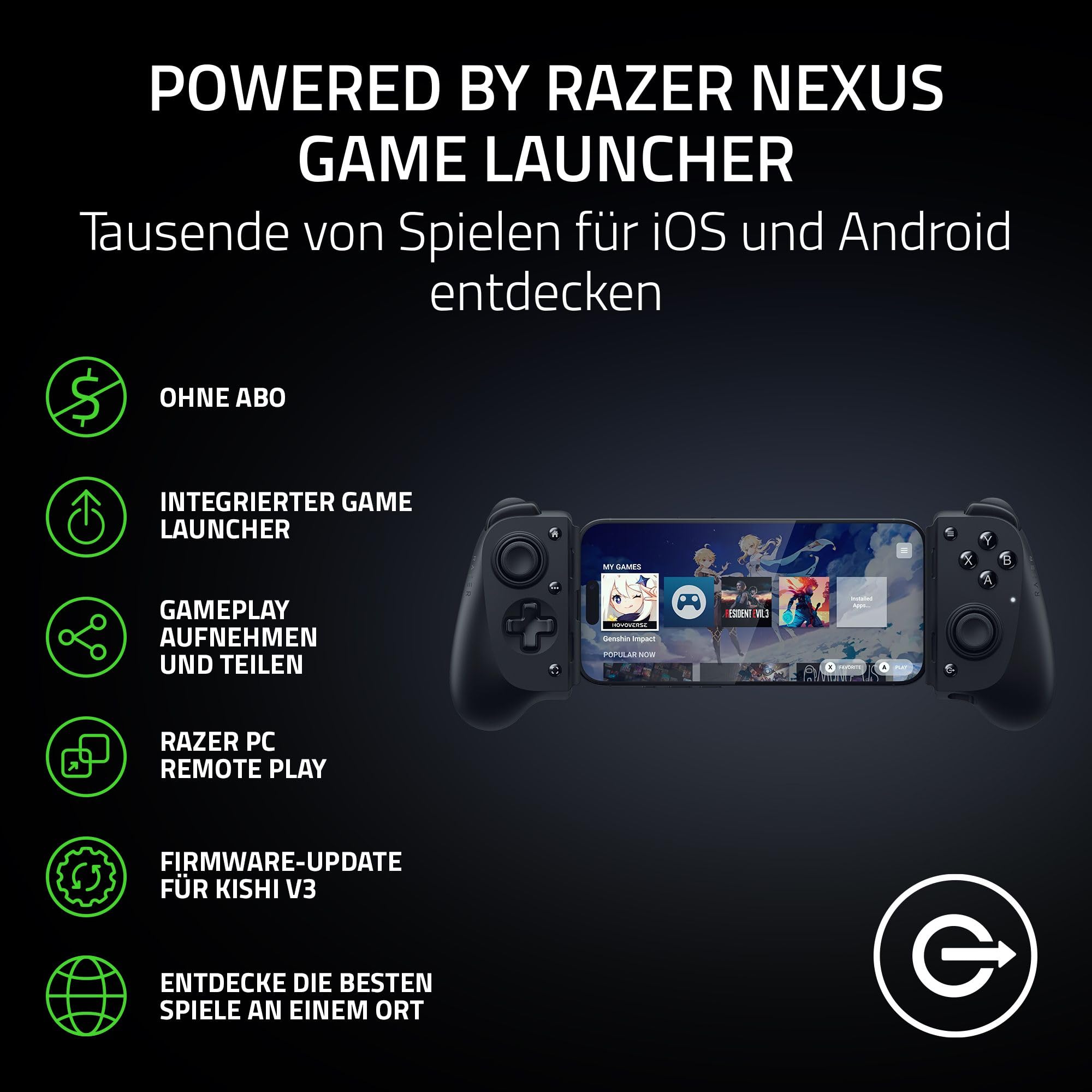 Razer Kishi V3 Fullsize Mobil-Controller für iPhone Android USB-C Plug-and-Play Anti-Drift Analogsticks 12 Tasten Sensa HD Haptics Schwarz