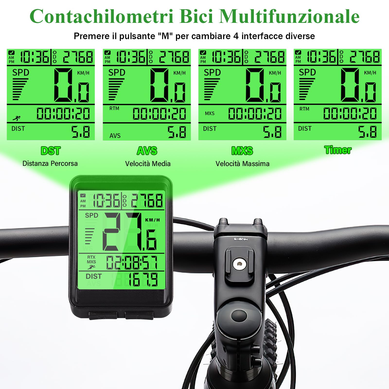 BOOTEEK Contachilometri Bici Senza Fili,2.4 Pollici Multifunzionale Impermeabile Contachilometri Bicicletta con LCD Display Retroilluminato,Computer Bici per Distanza di Tracciamento,Velocità,Timer