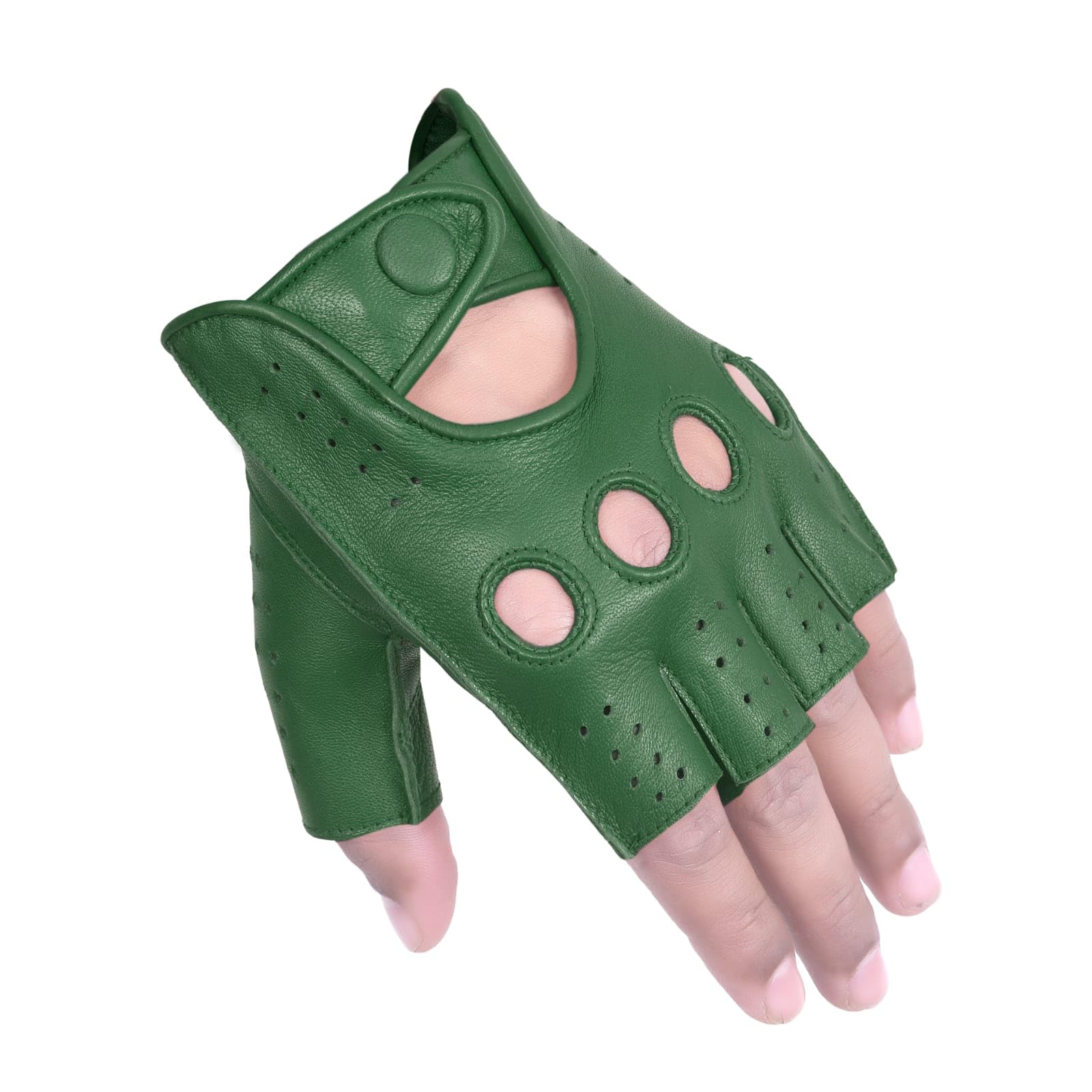 Gloves007 Driving Gloves Commando Green Half Finger Finger Less Knuckle Holes For Men Genuine Leather (Green, Small)