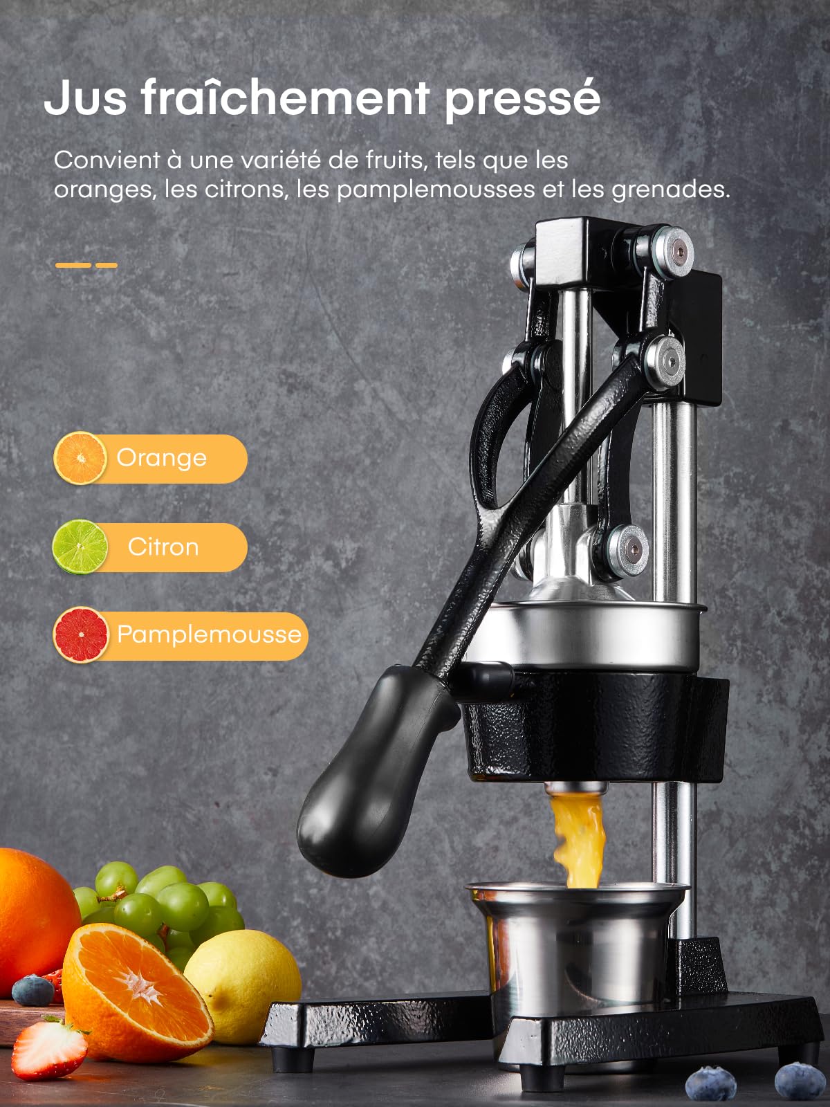 Presse Agrumes Manuel FOHERE, Presse Citron en Fonte, Presse Agrumes Commercial à Main pour Orange, Citron, Grenade, Pamplemousse, Presse Agrumes Facile à Nettoyer avec une Tasse en Acier Inoxydable