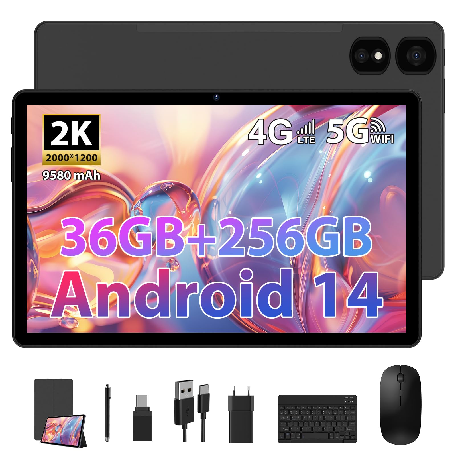 TIGERFU Tablet 11 Pollici, 2K Tablet con Tastiera e Mouse, 36GB RAM + 256GB ROM + TF 2TB, Doppia SIM + 5G/2.4G WiFi, Octa-Core 2.0 GHz, 8MP+13MP, 9580mAh, BT5.0, 2000 x 1200 Pixel (Nero)