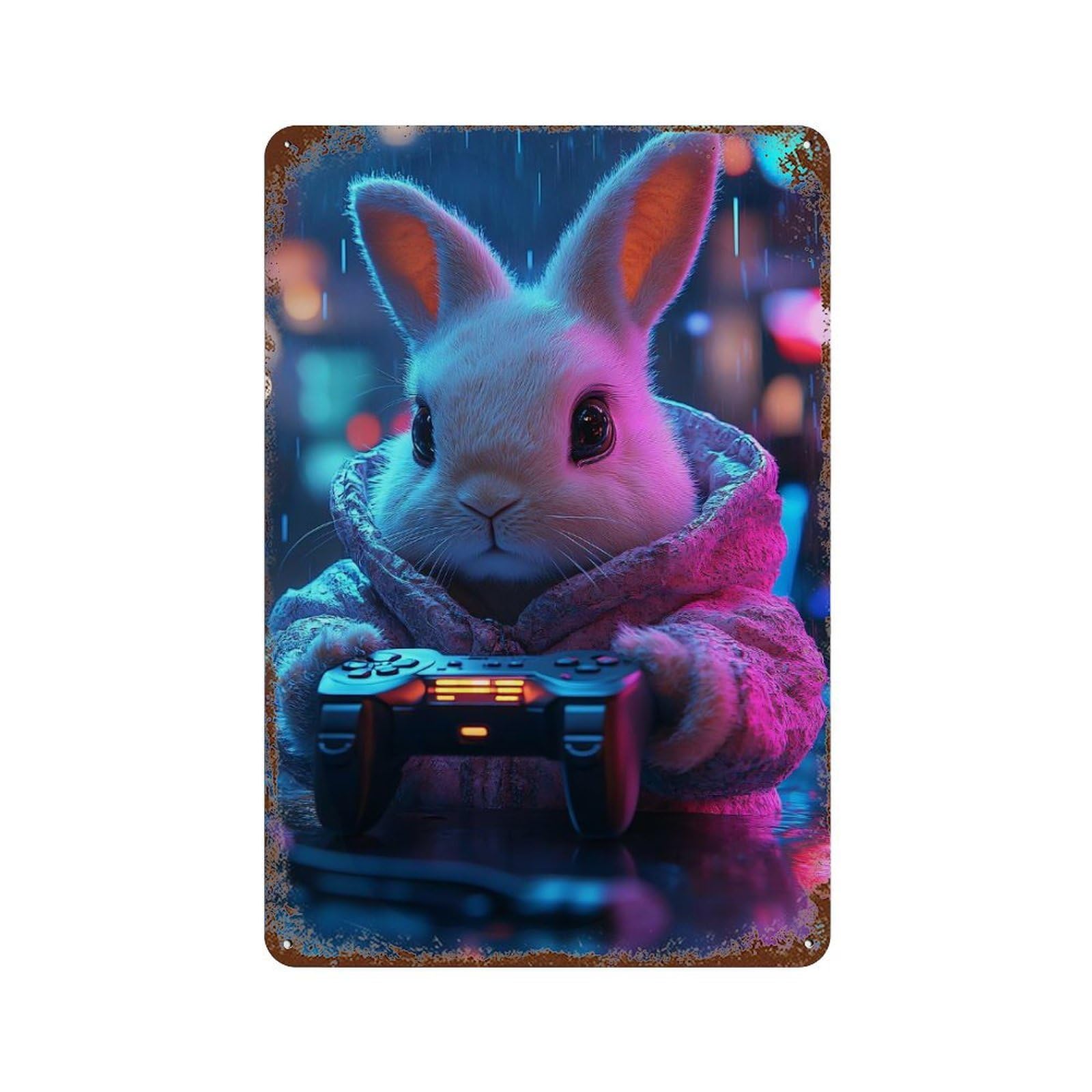 Gaming Bunny in Cityscape Weathered Tin Sign 11.8"x7.9", Decorative Metal Wall Art for Garage, Bar And Workshop Decor