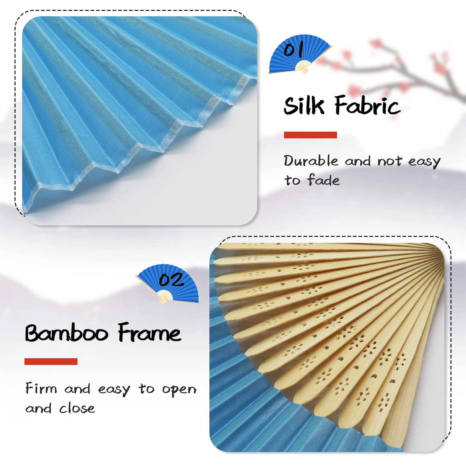Grantop 4 Pcs Black Folding Hand Fan, Silk Fabric Bamboo Ribs Handheld Fan - Image 4