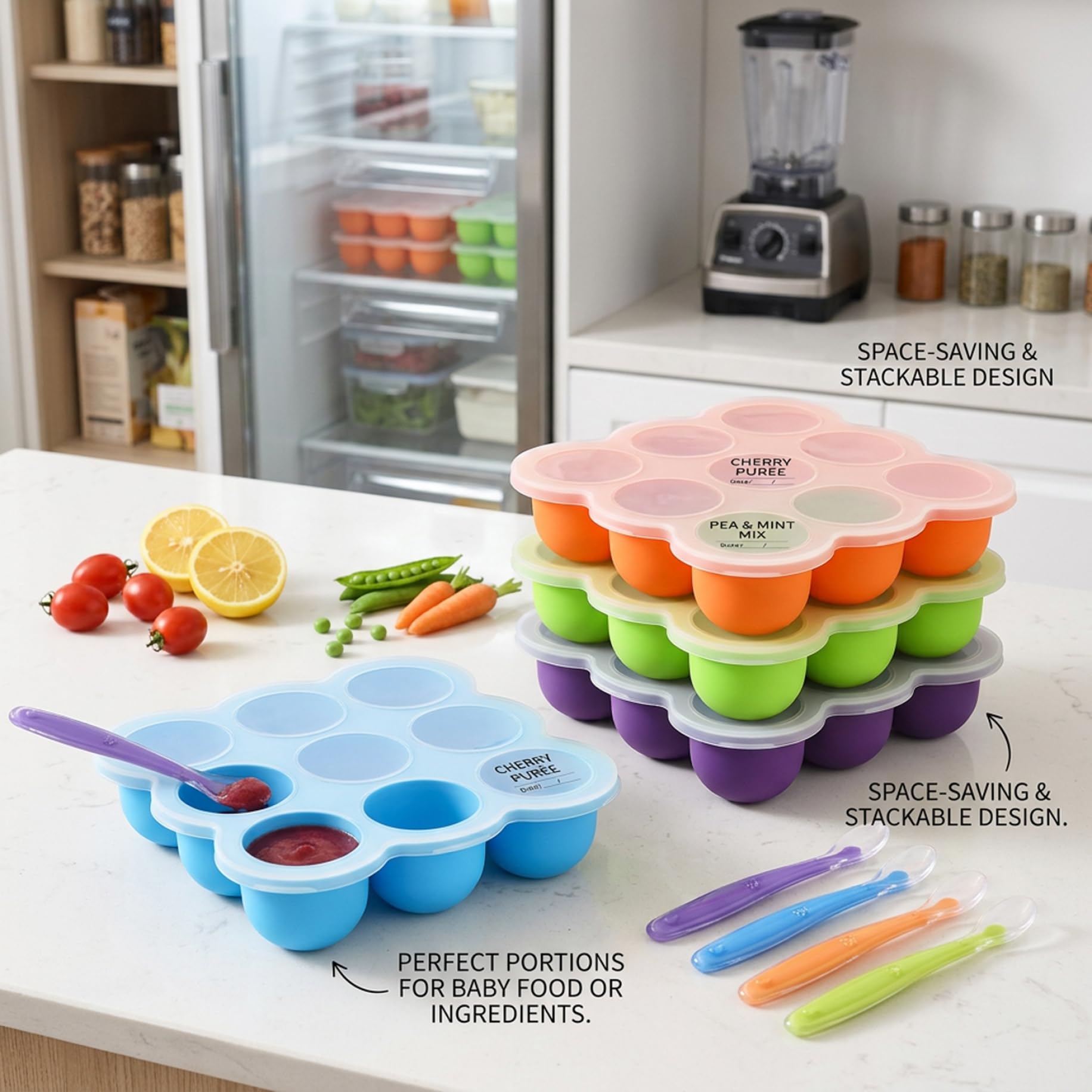 Vassoio per congelatore per alimenti per bambini, confezione da 4 vassoi per congelatore in silicone per alimenti per bambini con coperchi, stampo flessibile per cubetti di ghiaccio a 9 celle per pur