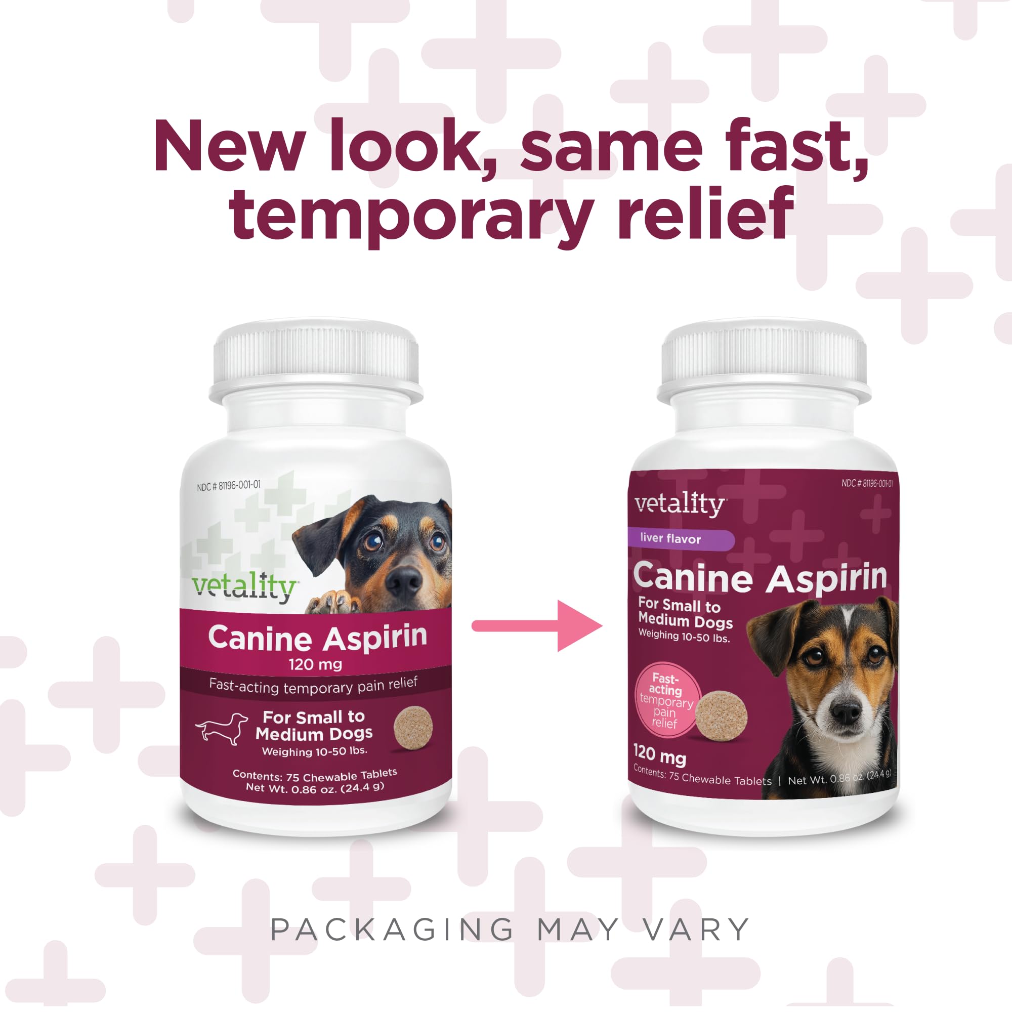 Vetality Aspirina canina para perros | Alivio rápido del dolor | Perros pequeños a medianos | Sabor de hígado | 75 tabletas masticables
