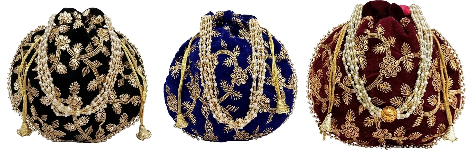 JDDCART Velvet Feel Wedding Potli Combo of 3 for Ladies Drawstring Closure Embroidered Fabric Handbag (Light Black, Maroon, Navy Blue)-image-49