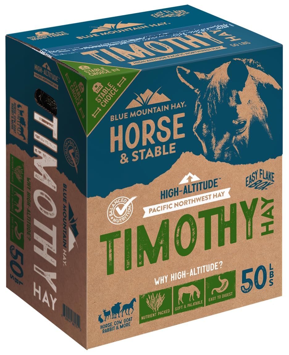 Blue Mountain Hay High-Altitude Timothy Hay, 50lb Easy Flake Box - Balanced Nutrition & High Fiber for Healthy Digestion and Weight - Ideal for Horses, Goats, Rabbits, Guinea Pigs & Other Small Pets