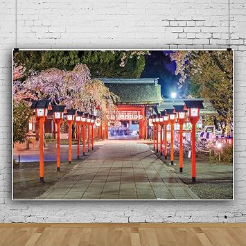 Laeacco 10x8ft Japanese Red Architecture Backdrop Trees Cherry Blossoms Courtyard Shinto Shrines Backdrop Japanese Style Scenery Room Decoration Banner Tourist Attractions Photo Video Studio Props
