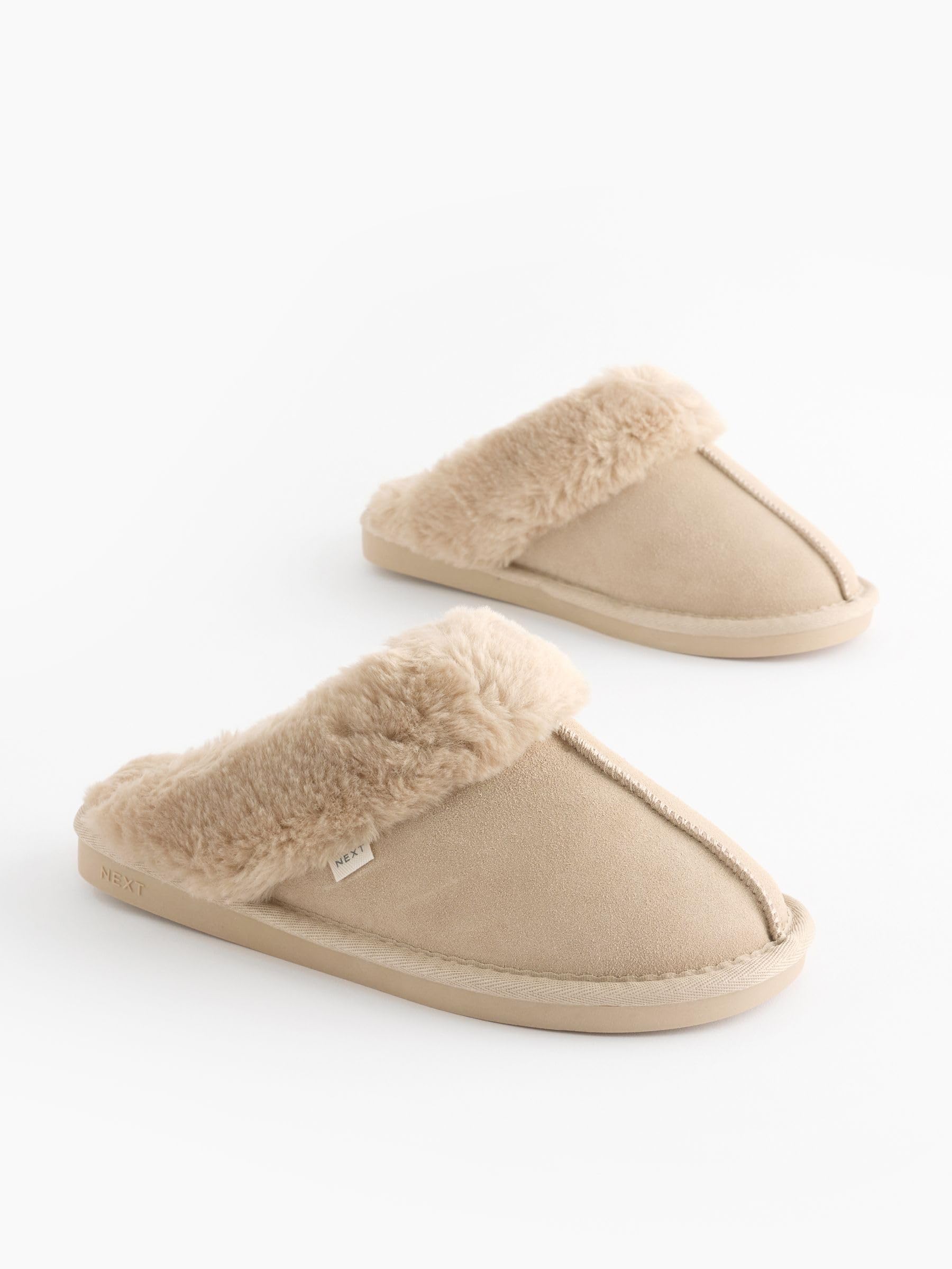 NEXT Damen Standard Velourslederpantolette mit Kunstfellfutter