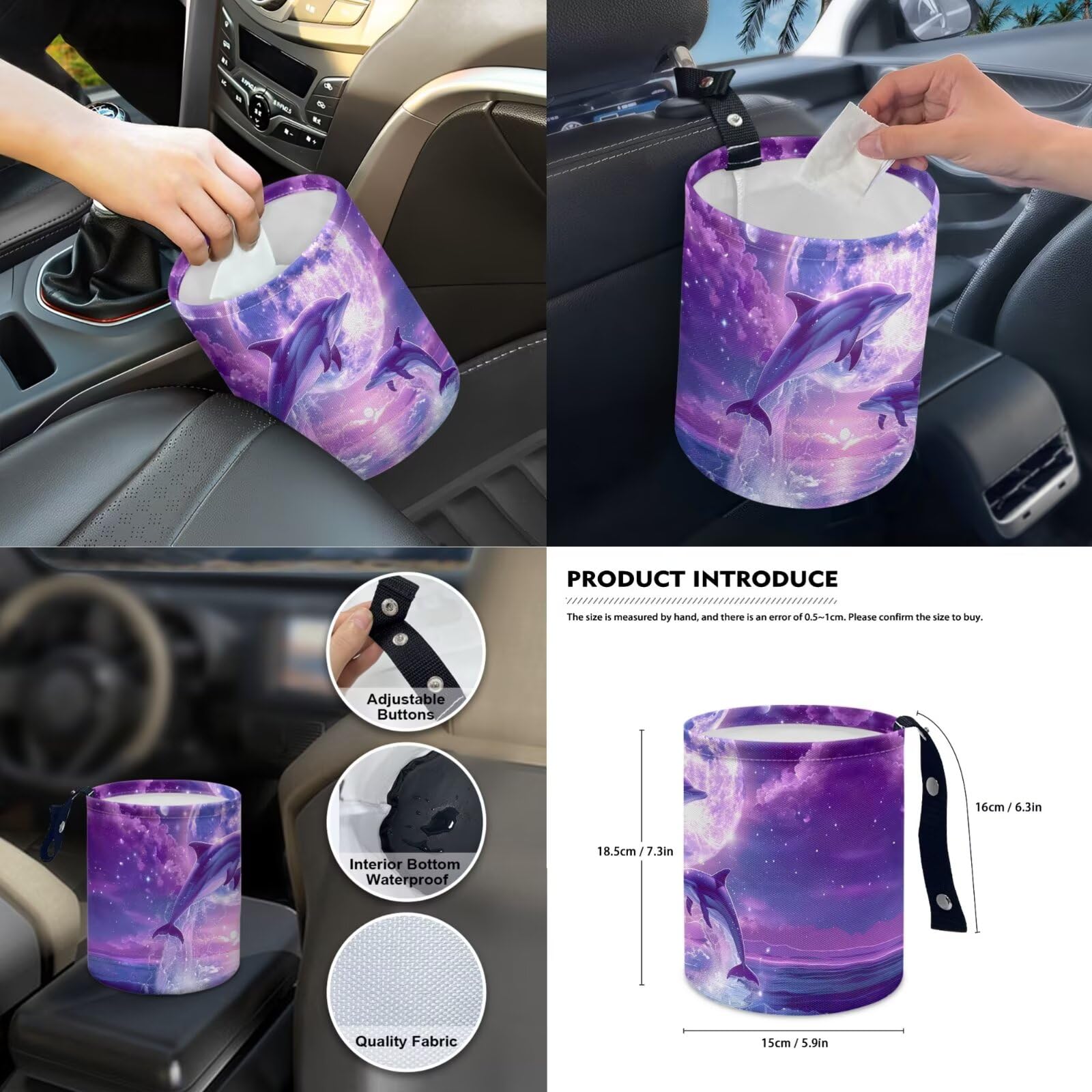 Set di coprisedili per auto con stampa delfino e luna, include coprisedili anteriori e posteriori, coprivolante, bracciolo, cuscinetti per cinture di sicurezza, specchietto retrovisore e
