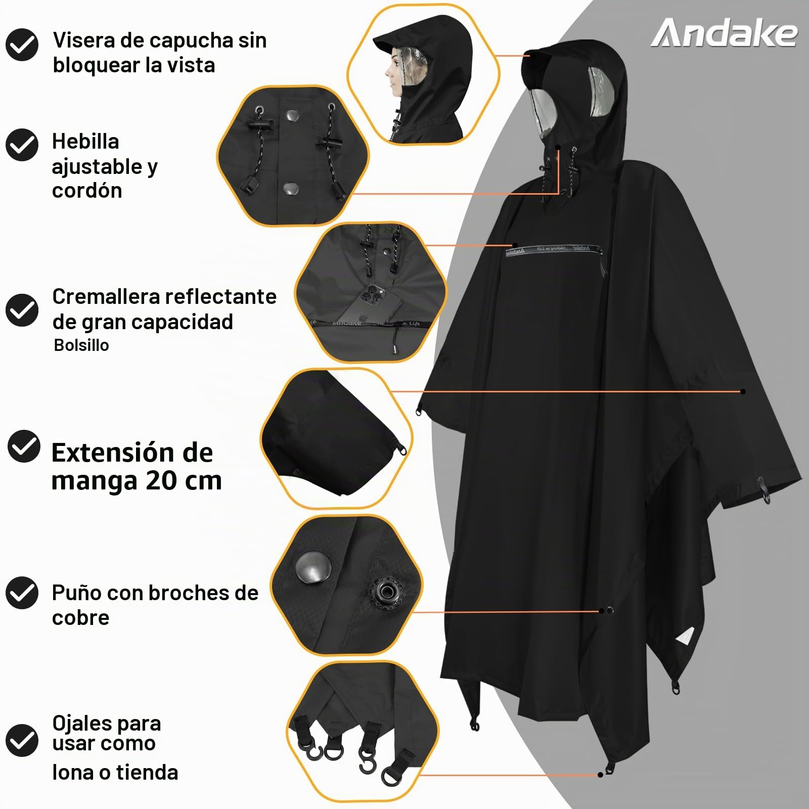 Andake Poncho de Lluvia con Capucha Chubasquero Impermeable Ligero Multifuncional como Toldo Manta Estera de Camping para Senderismo Ciclismo