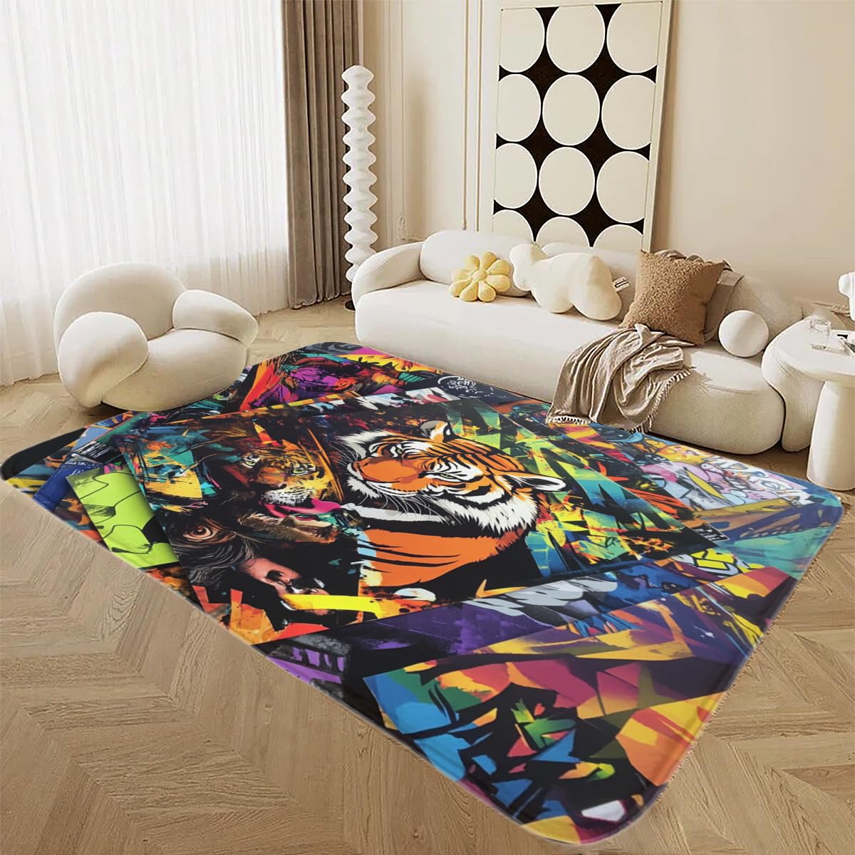 Alfombra suave de 150x200 cm para dormitorio infantil con árboles y tigre de dibujos animados