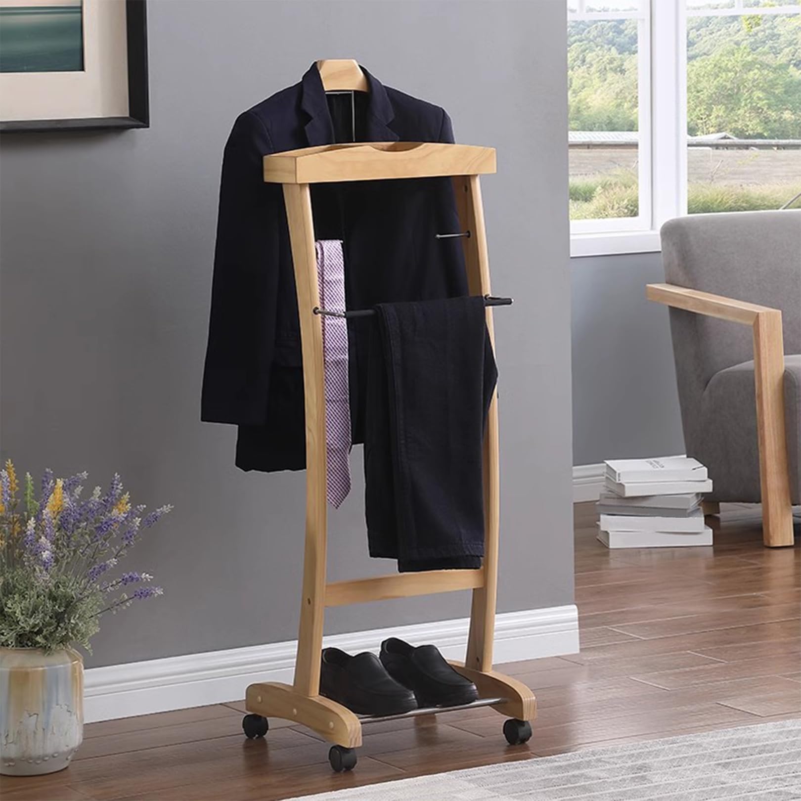 Ele Drewniany stojak na garnitur dla mężczyzn i kobiet - Slish Clothing nizer z konturową rączką, drążkiem na spodnie, stojakiem na buty i rolkami do przedpokoju, biura i salonu Sto