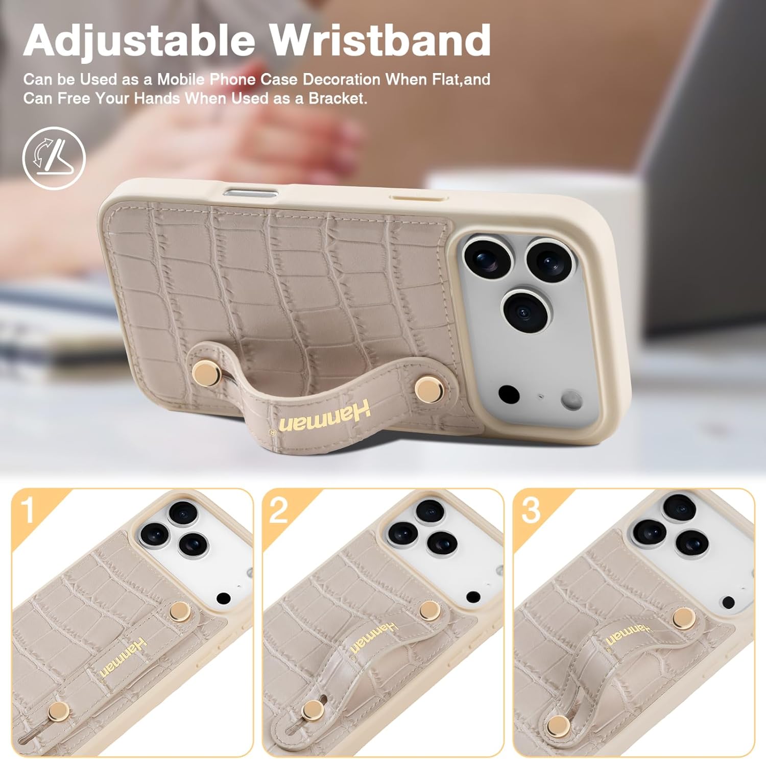 Hanman for iPhone 17 Pro Max Leather Case with Adjustable Wristband Strap Kickstand,Hand Strap Leather Case for iPhone 17 Pro Max,Crocodile Pattern HandStrap Kickstand Cover-Beige - Image 5