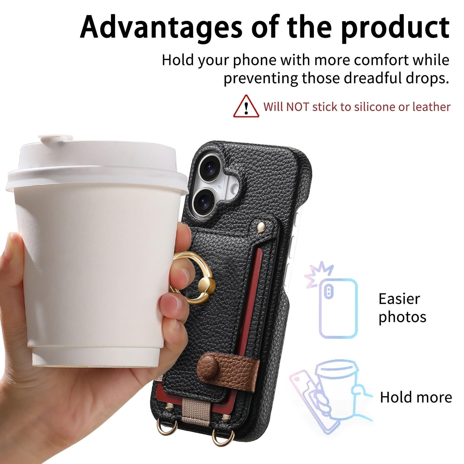 Leder Hülle Für iPhone 16 Pro Max/16 Pro/16 Plus/16, Brieftasche Handyhülle Mit Kartenfach Ring Halter Umhängeband Schutzhülle,Braun,16 Pro Max