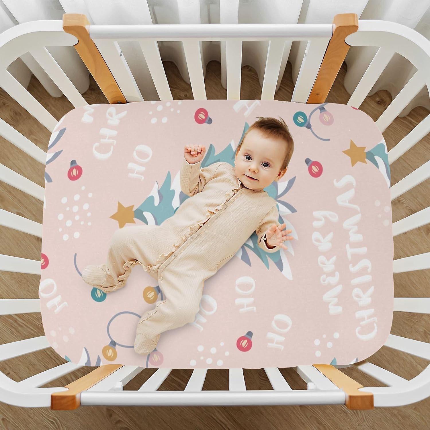 CEBUGI Stretchy Crib Sheet for Baby Boy Girl,Merry Christmas Portable Mini Fitted Pack N Play Playard Sheet for Neutral,Ultra Soft Material,Full Standard Toddler Mattresses,S