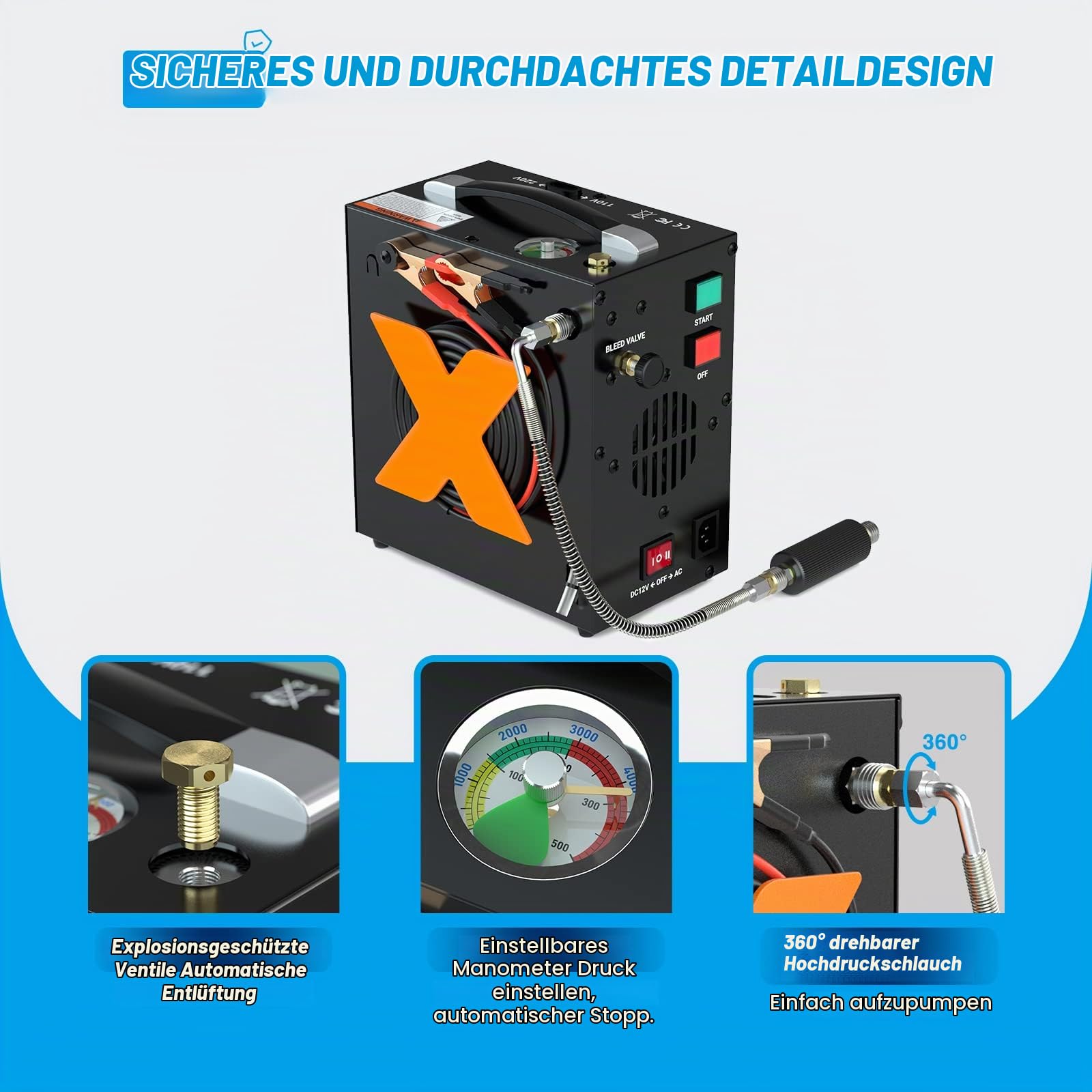 Tragbarer Tauchkompressor PCP Kompressor 300Bar / 4500Psi / 30Mpa Mini Tauchflaschen Kompressor Ölfreie Kompressoren mit automatischer Abschaltung, 12V DC Autobatterie oder Home 220V AC
