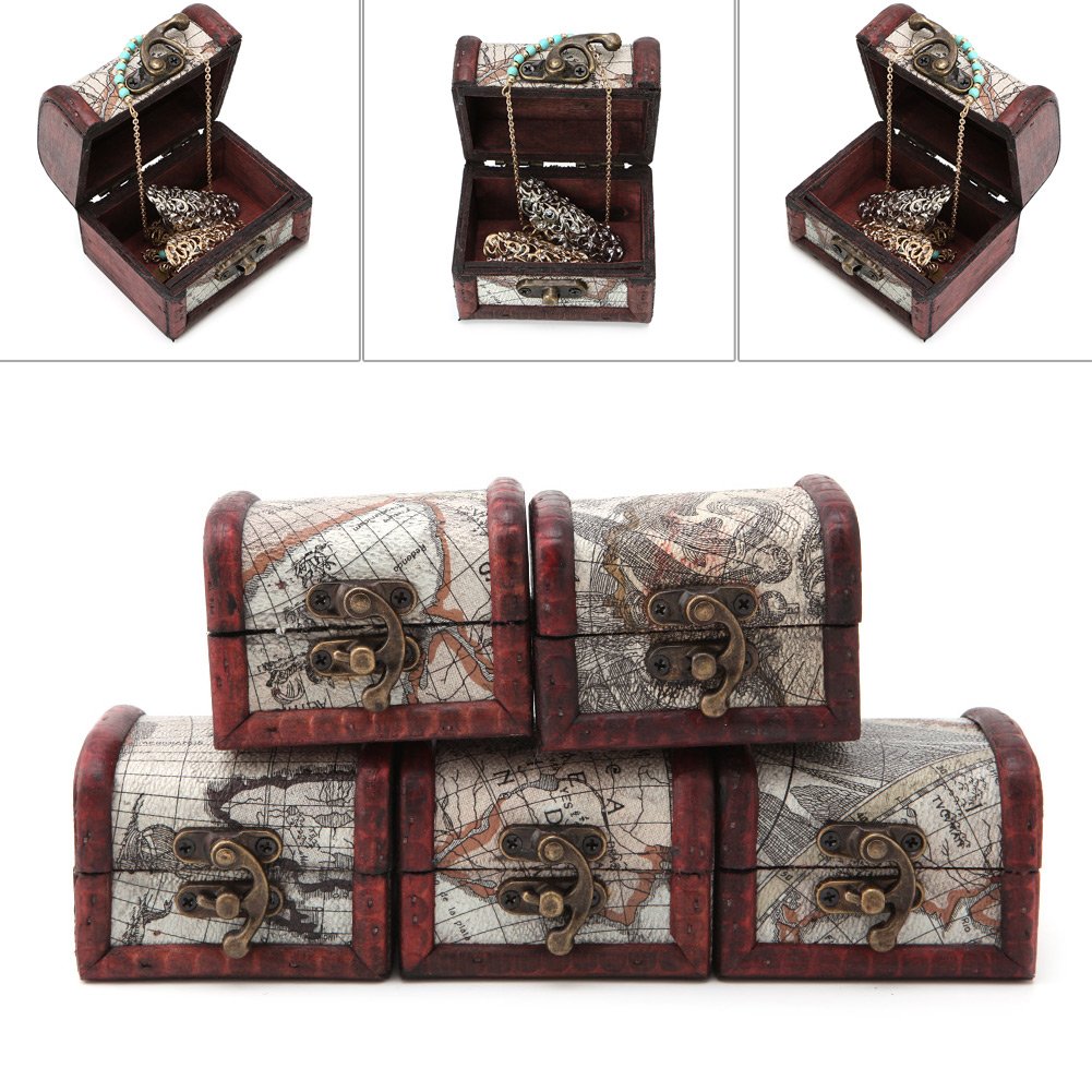 Amrka Wooden Pirate Map Jewellery Storage Box Case Holder Vintage Treasure Chest