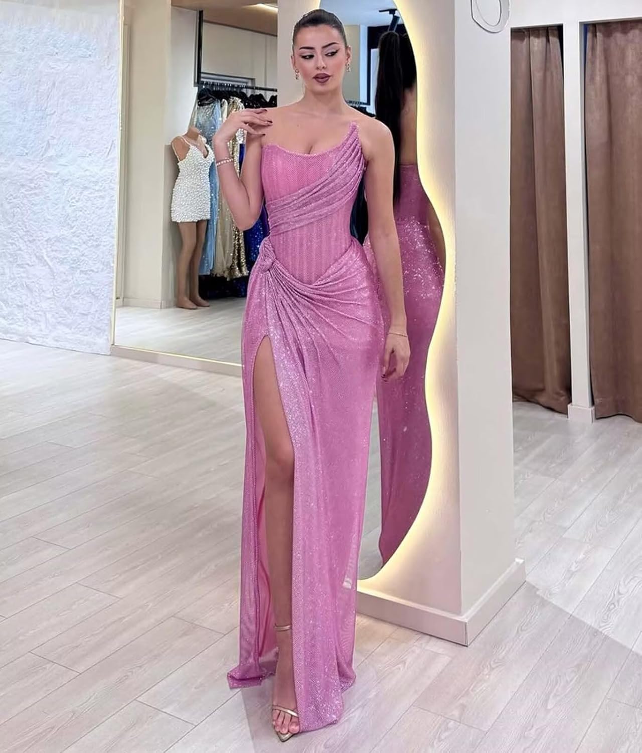 Mollyevers Sparkly Prom Dresses for Women 2026 Ruched Strapless Long Formal Evening Dress with Slit