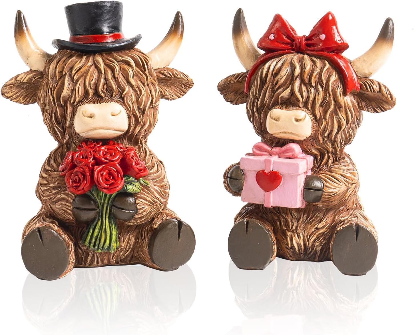 - 2 Pcs Highland Cow Valentine Decor, Cute Resin Valentine's Day Figurines Table Top Indoor Tiered Tray Tabletop Centerpiece Shelf Office Desk Decorations for Home, Highland Cow Gifts