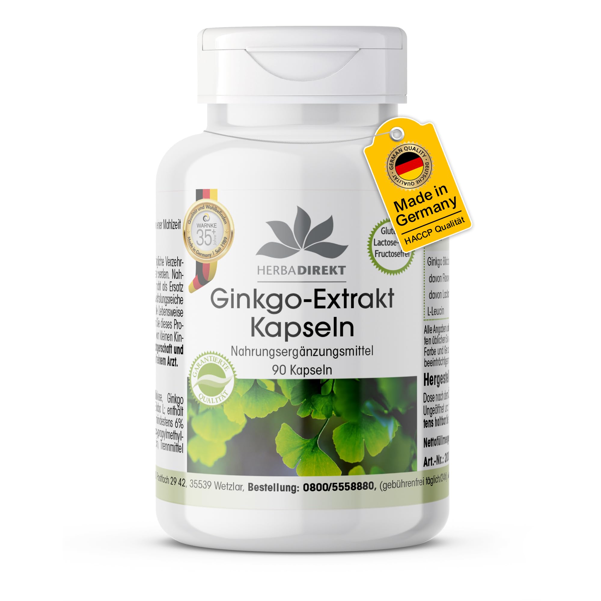 Ginkgo Biloba Extrakt 95mg - mit Flavonen und Lactonen - vegan - 90 Kapseln - schluckfreundlich | HERBADIREKT by Warnke Vitalstoffe - Deutsche Apothekenqualität (Packung mit 5)