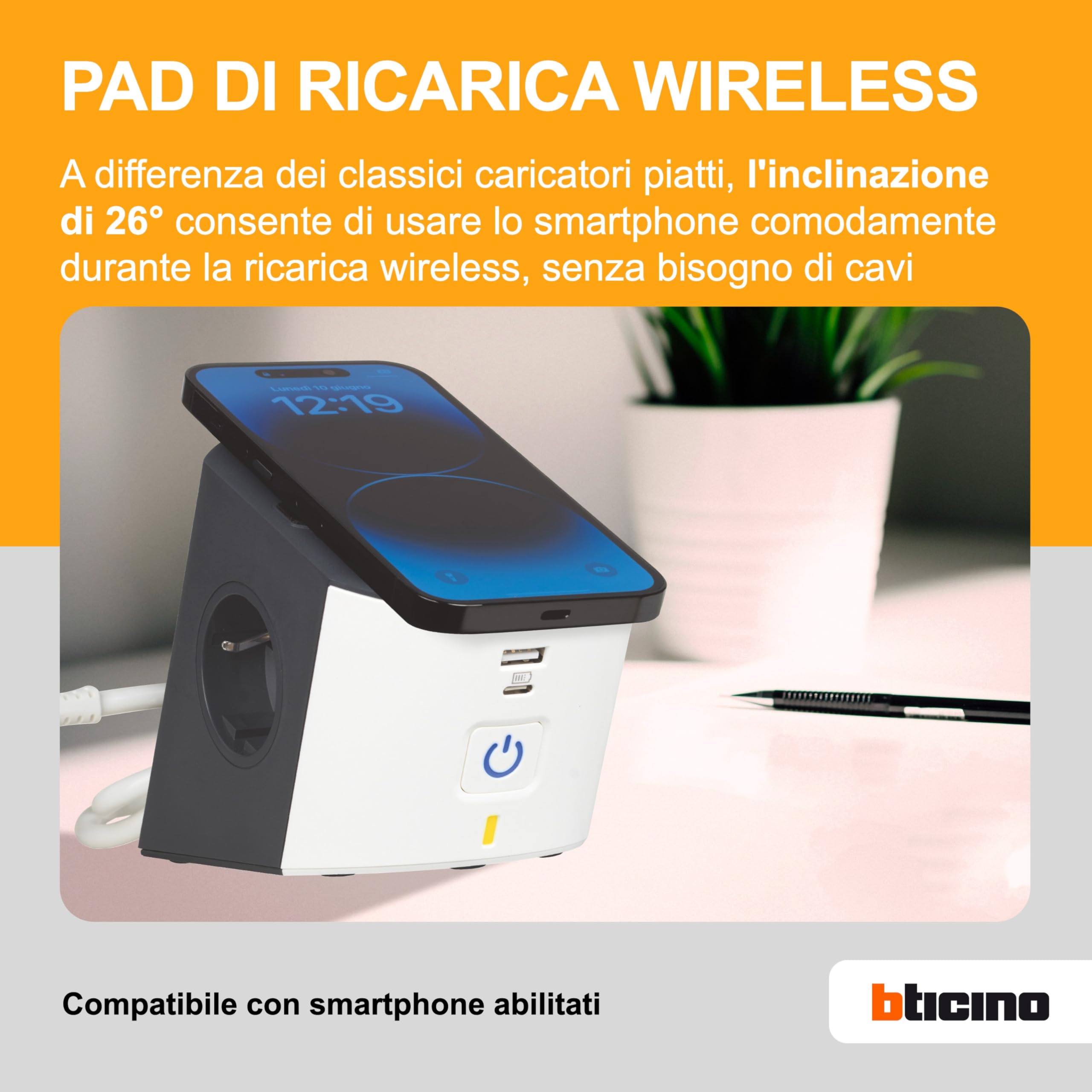 BTICINO Multipresa Desktop S3714DBUW, Multipresa Elettrica 5 Posti, Caricatore Wireless 15W, Prese USB A+C, 2 Prese Schuko, Ciabatta Elettrica con Interruttore e Led, Spina Piccola 10A, Cavo 2 Metri