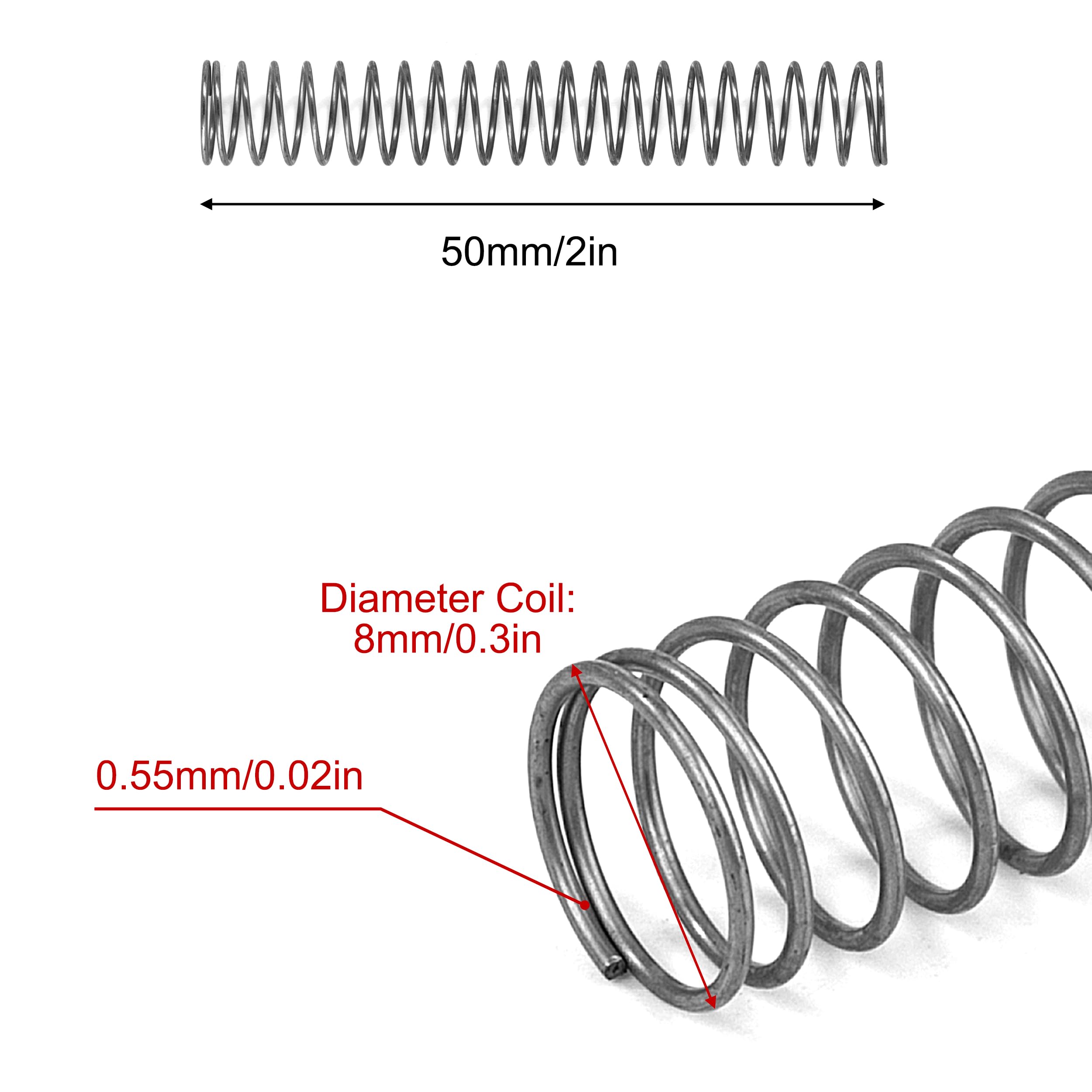 Sprężyna dociskowa ze stali nierdzewnej sprężyny dociskowe 50 mm średnica drutu 0,55 mm średnica zewnętrzna 8 mm długość 50 mm maksymalna siła sprężyny 0,35 kg 10 sztuk