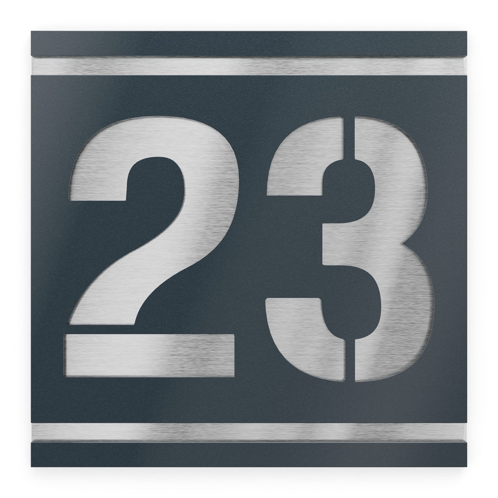 placa número para casa exterior – 230x230 mm, acabado antracita RAL 7016, acero inoxidable V2A (AISI 304), personalizable