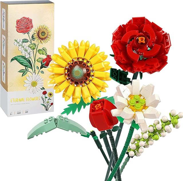 JUTTAUTO Flower Bouquet Building, Artificial Flowers, Creative Project for Adults, Decorative Home Accessories, Botanical Collection Not Compatible with Lego 568 PCS(Sunflower/Rose/Lily/Daisy)