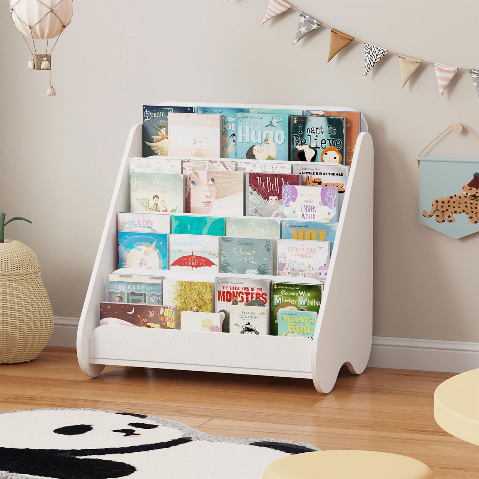 Lkeiyay Kids Bookshelf, Kids Wooden 4-Tier Front Facing Book Display Shelf