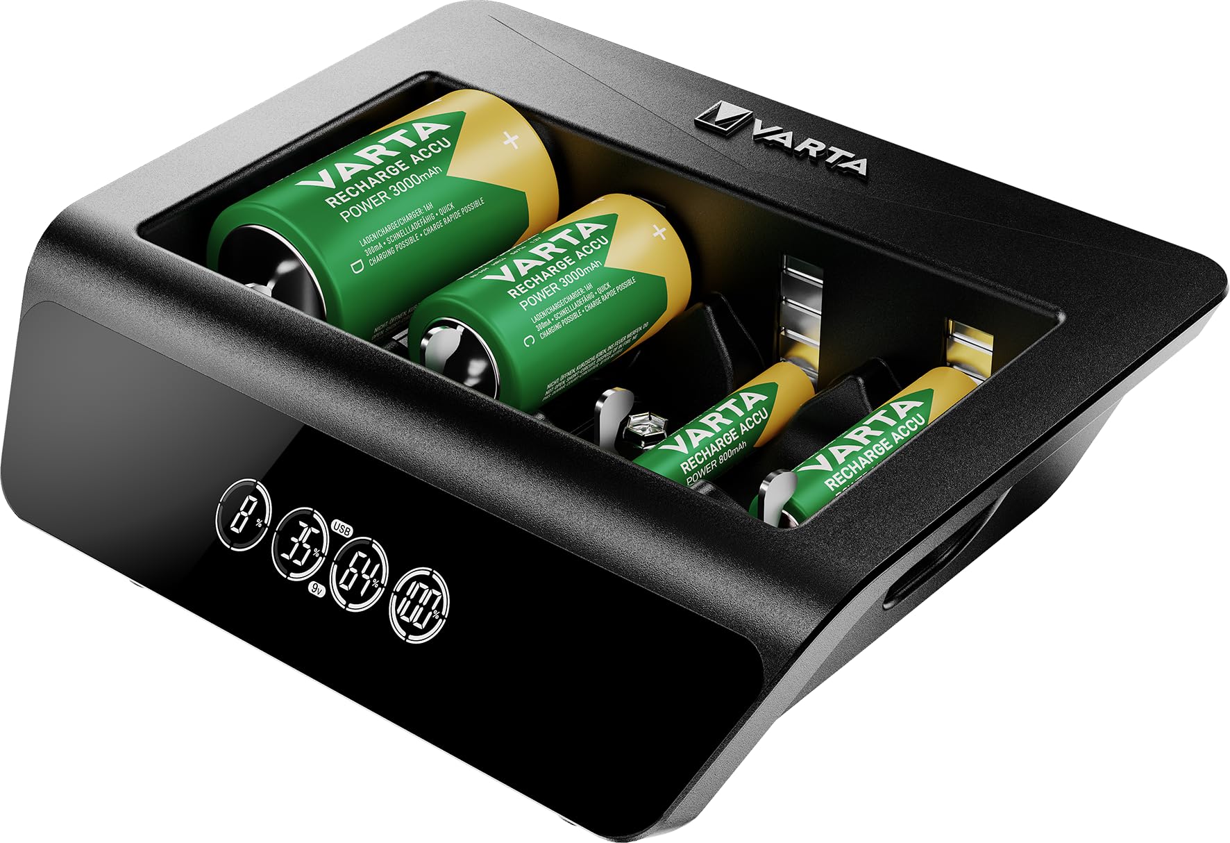 VARTA Cargador de Pilas, Cargador para Pilas AA/AAA/C/D/9V Recargables y Dispositivos USB, LCD Universal Charger+, Carga por Ranura única, no Equipado | para pilas recargables NiMH, con fuente de alimentación/adaptador de coche 12 V