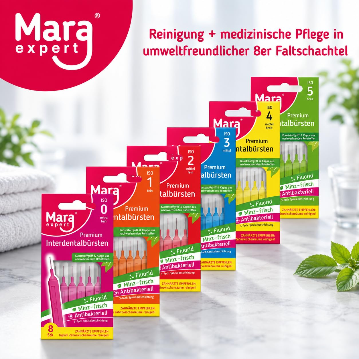 MARA EXPERT Cepillo Interdental Azul | 0,6 mm ISO 3 Medio | 8 cepillos interdentales | Bioplástico | Cepillos para Espacios Interdentales | Con Sabor a Menta - Clorhexidina - Flúor