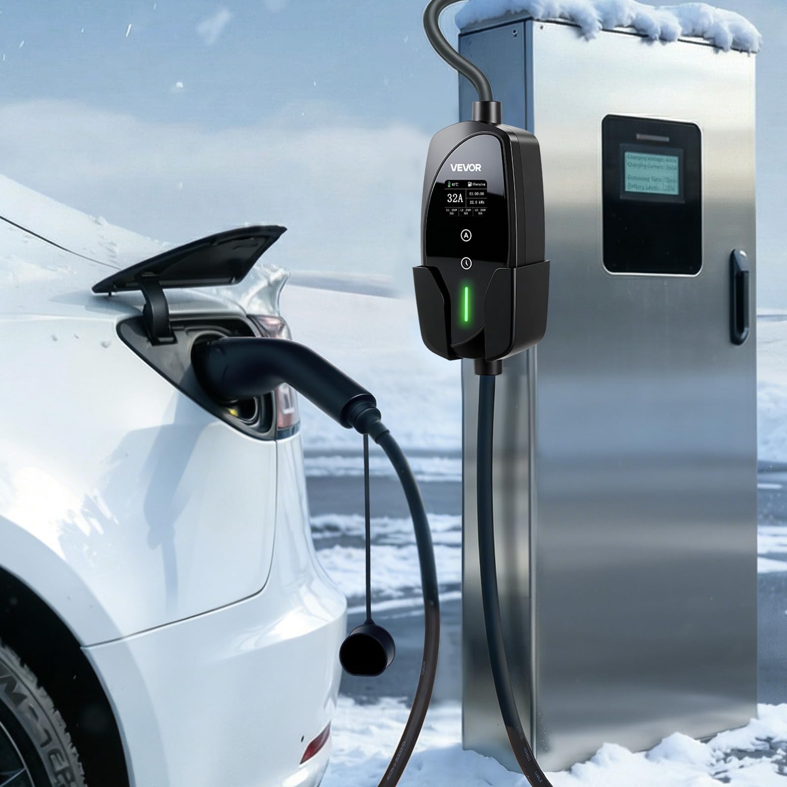VEVOR Mobile Wallbox, 22 kW, 32 A, Typ 2 Ladestation für Elektrofahrzeuge, 3-Phasig-Ladegerät mit 7 m Ladekabel, CEE32-Stecker, LCD-Bildschirm, IP66-Steuerbox, für Elektrofahrzeuge