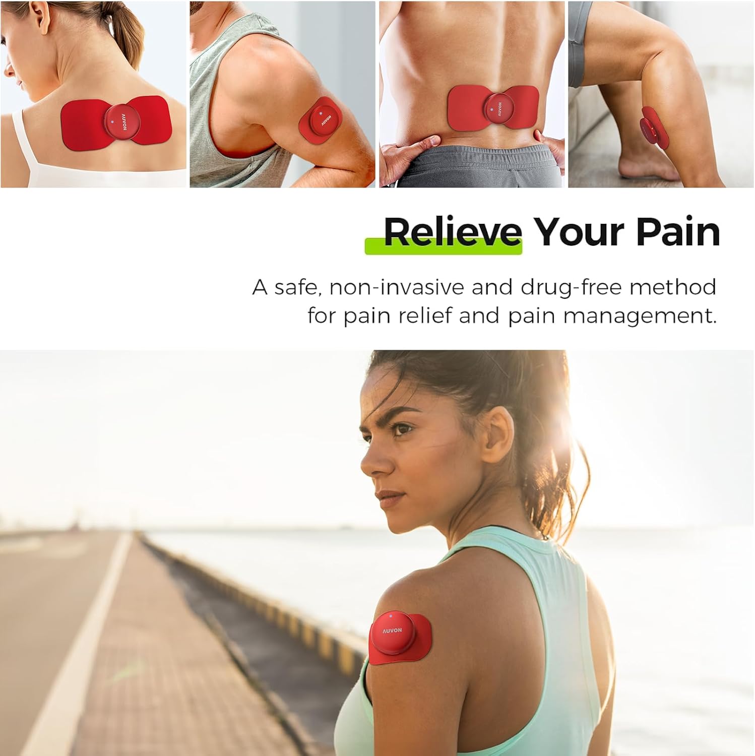 Image showing the AUVON Wireless TENS Unit pods attached to electrode pads on various body parts like neck, arm, back, and leg, demonstrating pain relief application.