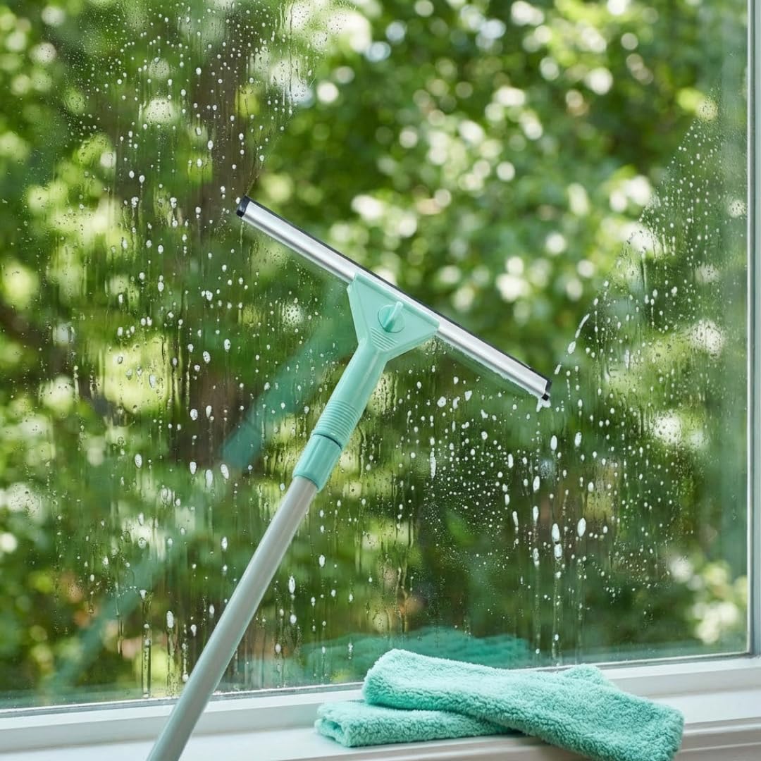 edihome, Lavavetri Telescopico Estensibile fino a 160 cm, Pulisci Vetri con 2 Teste e Panni in Microfibra, Tergivetro per Finestre, Doccia e Specchi, Uso Domestico (Set completo)