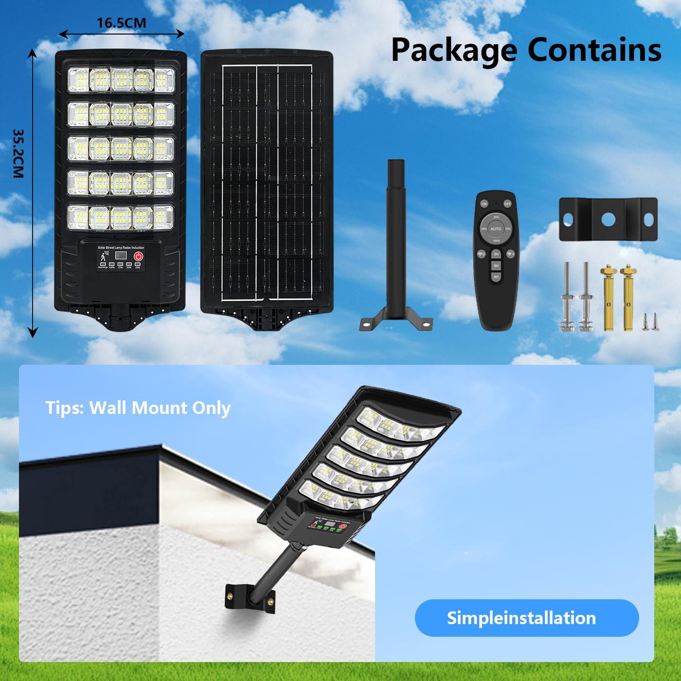 Luce stradale solare esterna, LED Grande lampada solare per parcheggio impermeabile con sensore di movimento e telecomando, 8500 K luce di sicurezza esterna per cortile e parcheggio (1 pezzi)
