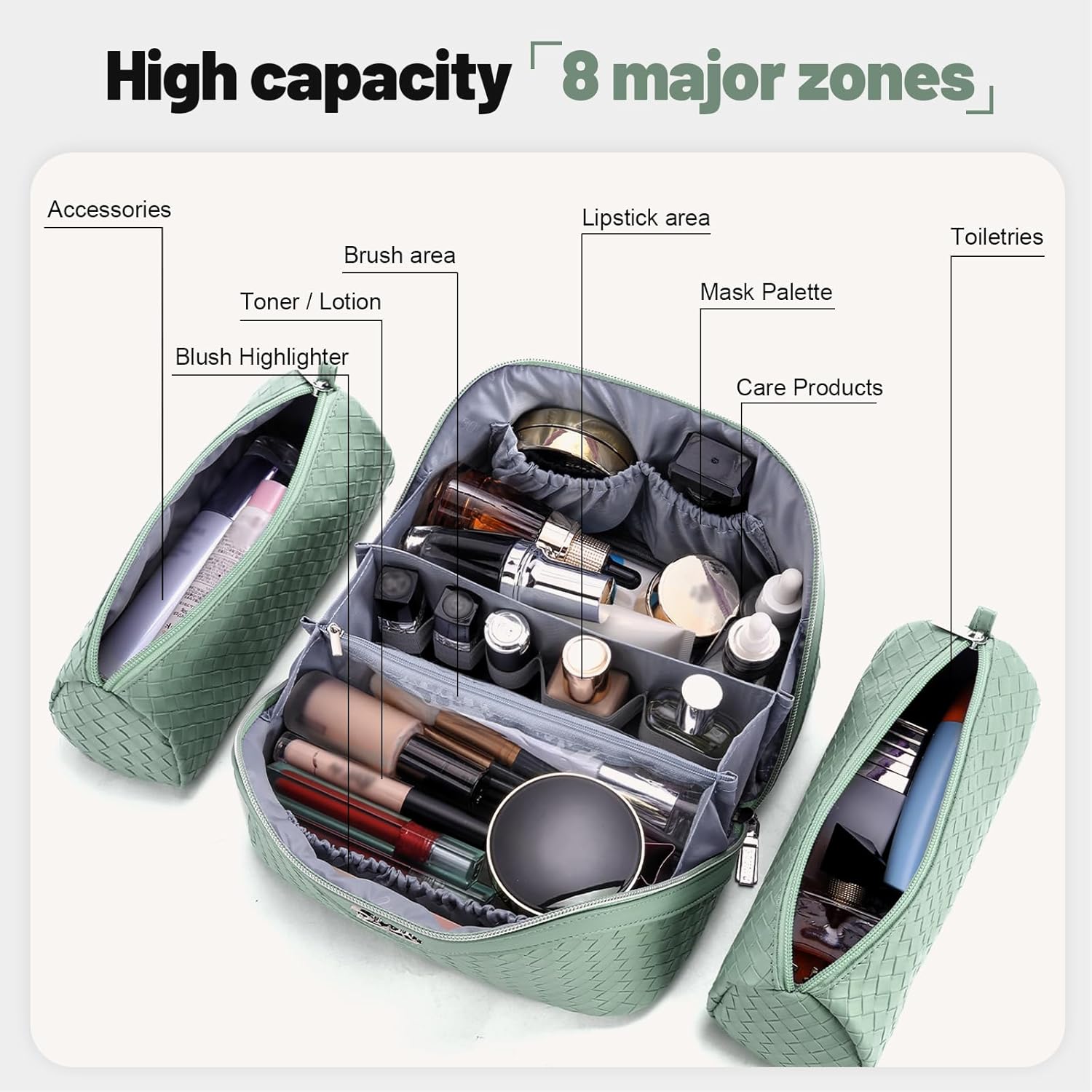 BOYATU Travel Makeup Bag Cosmetic Bags for Women: Large Capacity 3 Pcs Set Make up Bag with Compartments - Waterproof Vegan Leather Toiletry Organizer Bags with Handle (L36 Grass Green) - Image 4