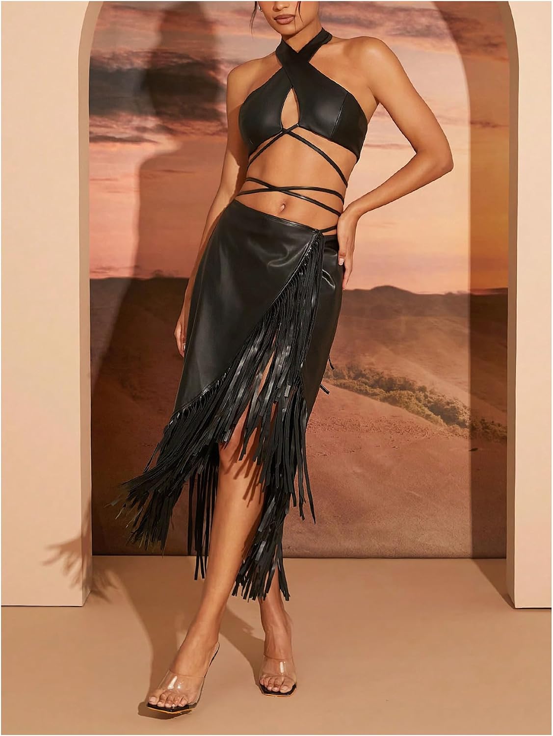 MakeMeChic Women's PU Leather Low Waist Skirt Tie Wrap Fringe Party Midi Skirts