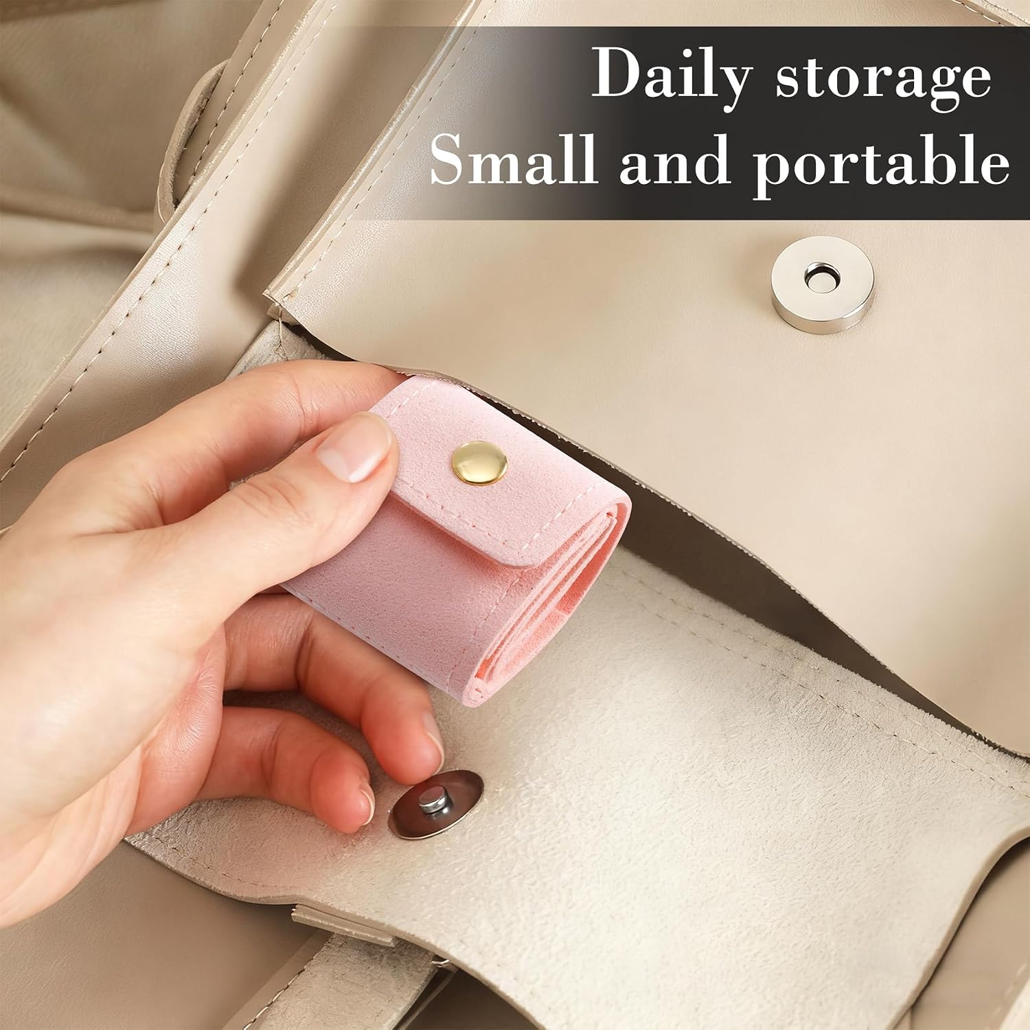 Mini Travel Jewelry Bag with Buckle, Portable Foldable Jewelry Pouch, Multifunctional Travel Jewelry Roll Bags for Earrings, Rings, Necklaces Storage (1pcs, Pink)