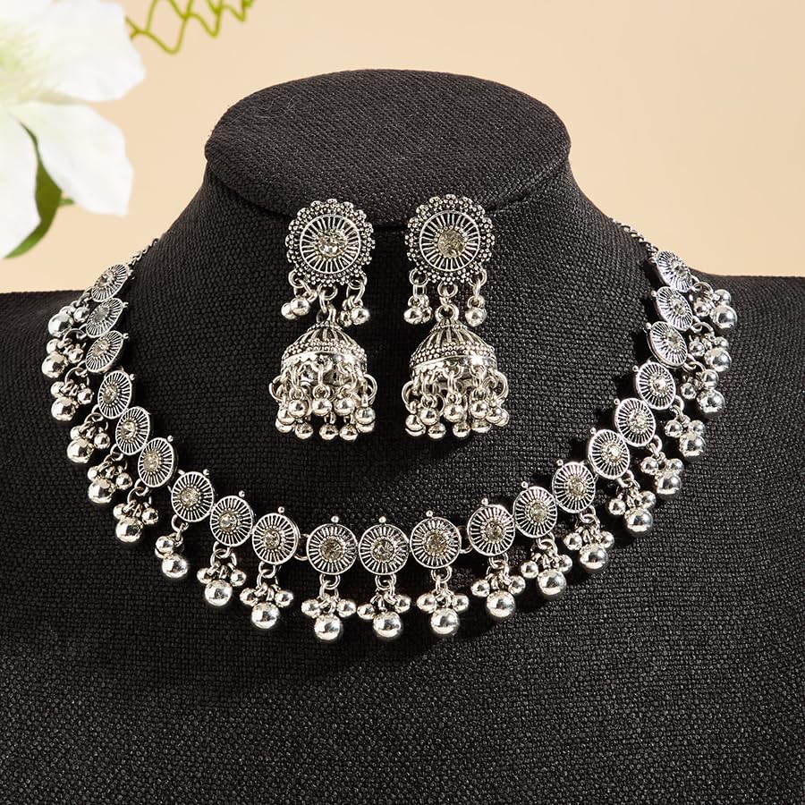 Oxidized-Necklace-Kundan-Indian-Jewelry-Sets for Women Jhumka-Choker-Earrings Chain Silver Jewelry Sets2