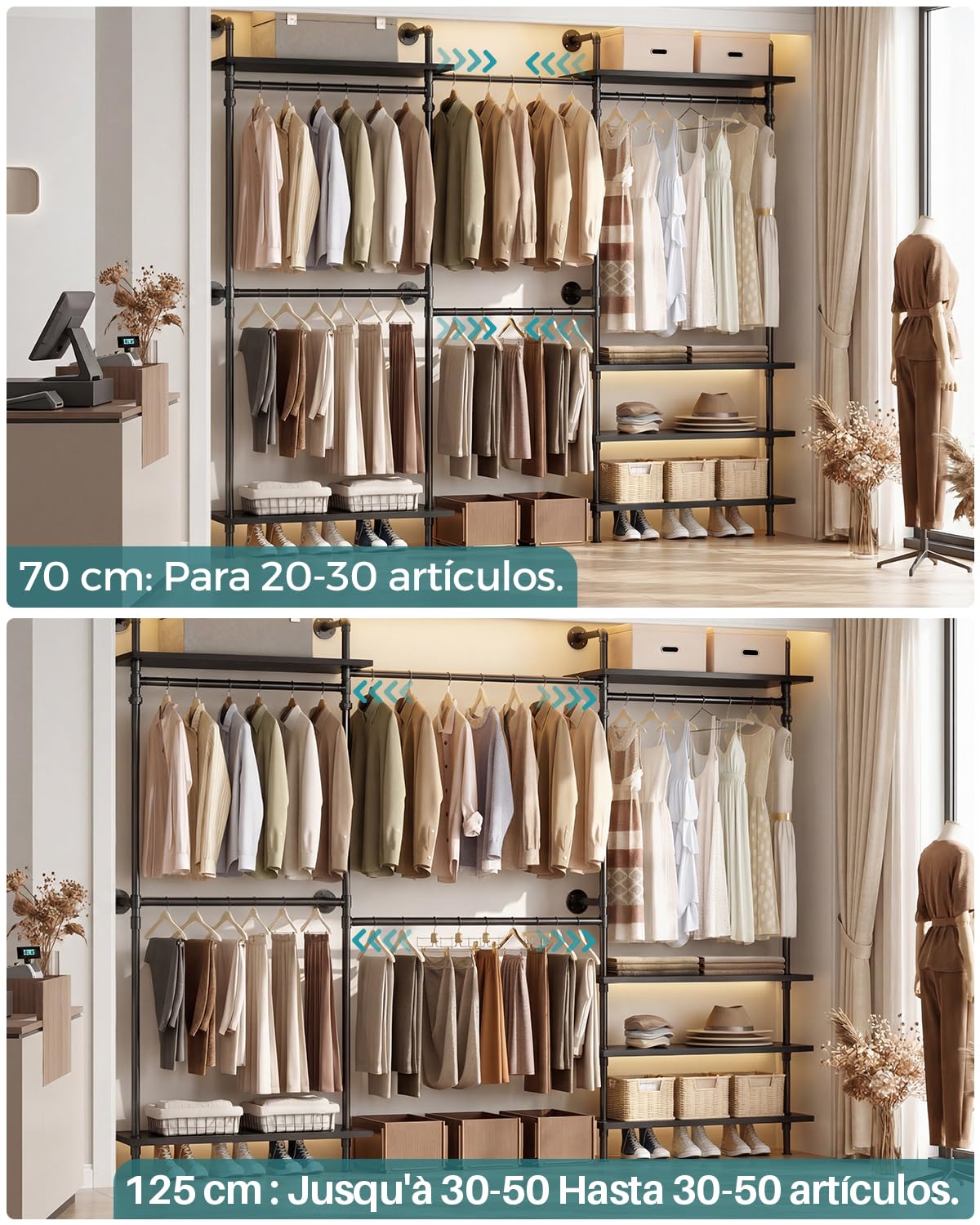 iSunirm Barra industrial para colgar ropa, montaje en pared, sistema de armario abierto, barra telescópica con estantes de madera, resistente de metal para vestidor, color negro