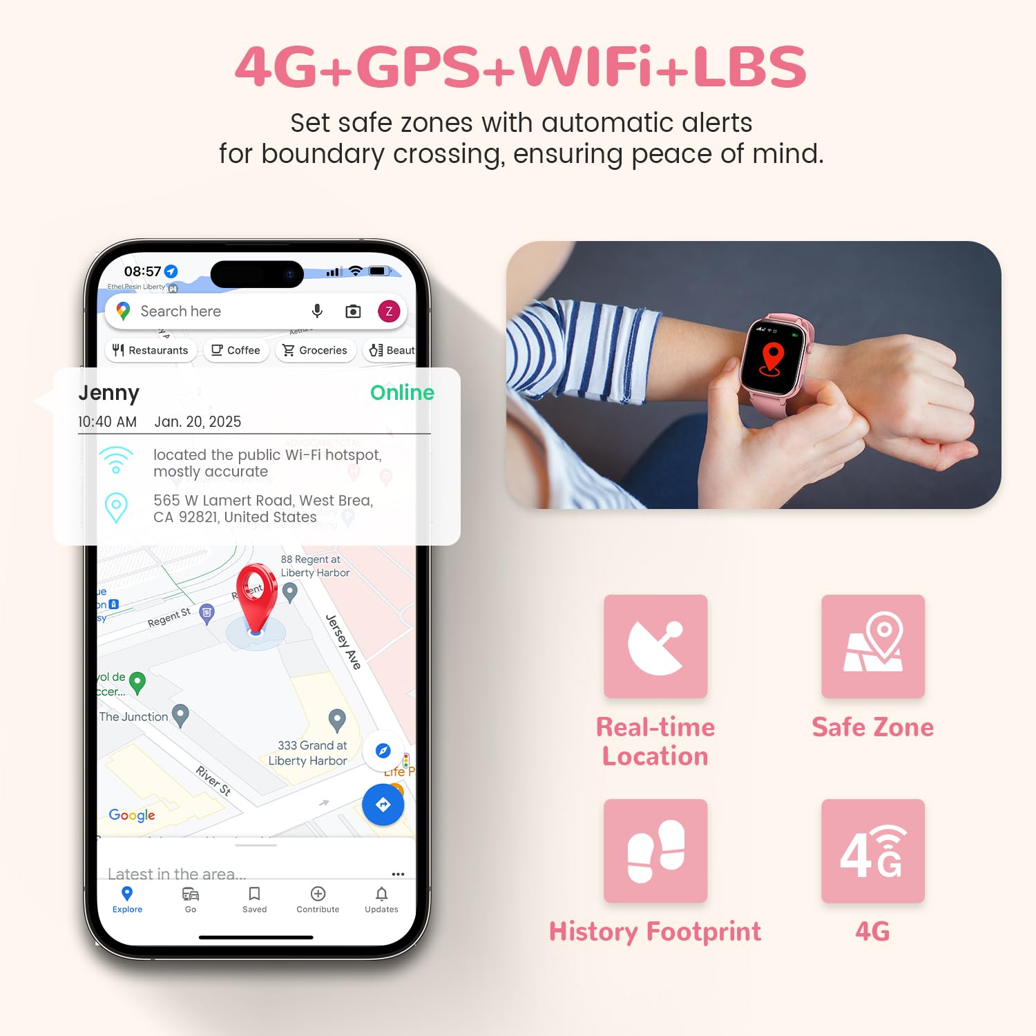 SWGOTA 4G Smartwatch Bambini con GPS e Telefono, Orologio Smartwatch Bambini con Videochiamate, Messaggi, Modalità Scuola, SOS, Impermeabile IP68, Contapassi - Regalo per Ragazzi e Ragazze (Rosa)