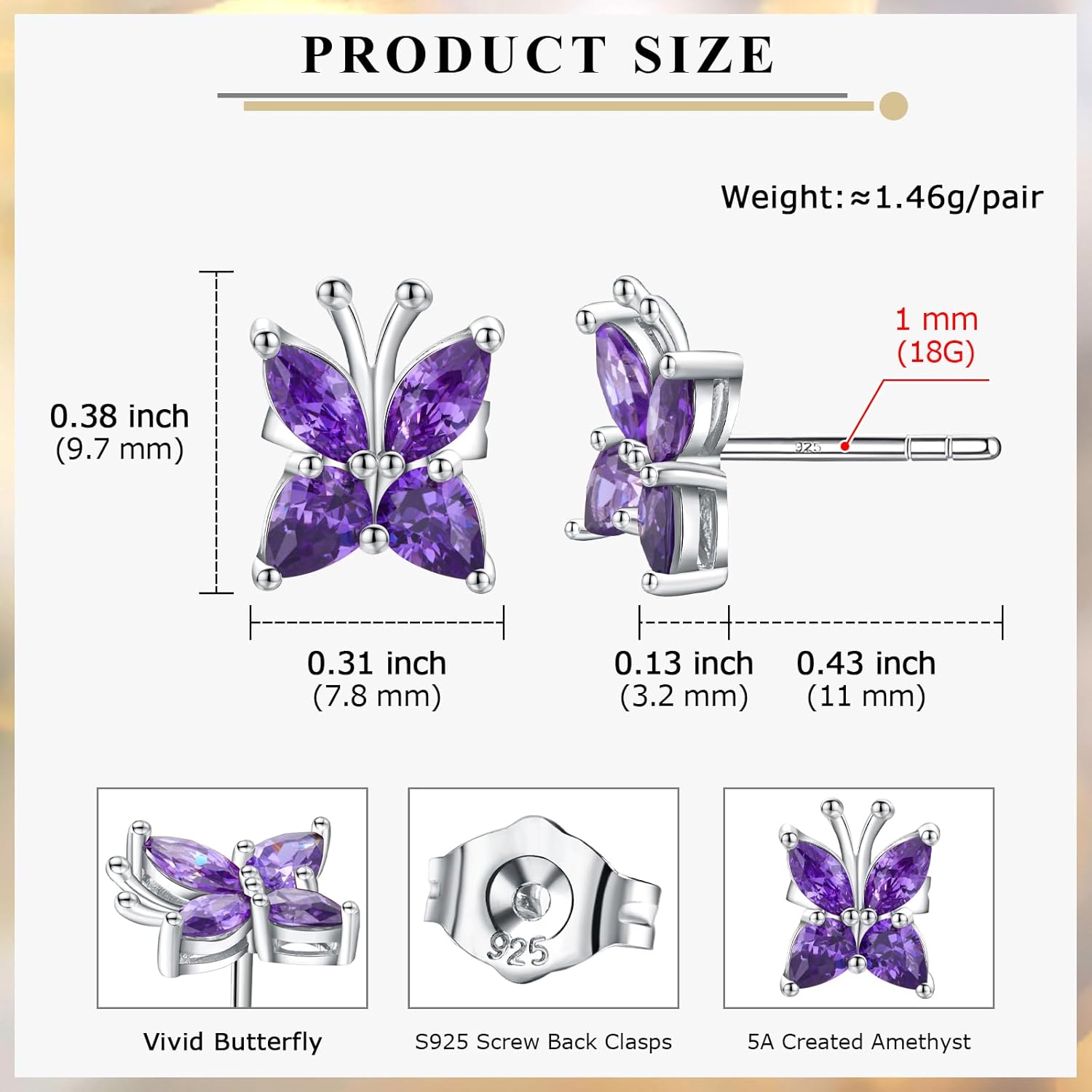 Small Butterfly/Dragonfly Stud Earrings 925 Sterling Silver/14K Gold Plated Created Gemstone Birthstone Studs Hypoallergenic Ear Jewelry Gift for Her - Image 5