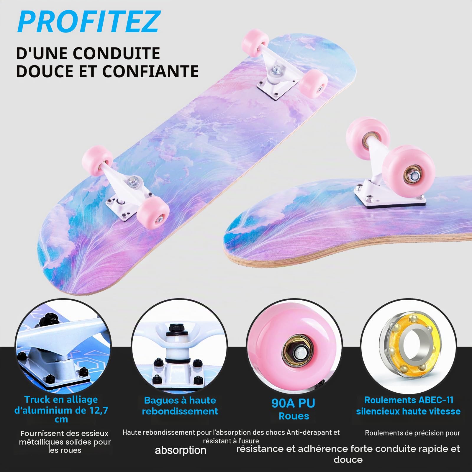 CLYCTIP Skateboard pour Les débutants, 80 x 20 cm Complète Skateboard 8 Plis Double Kick Concave Planche de Roulements ABEC-11 et Anti-Dérapant Roues PU Skate pour Jeunes et Adultes