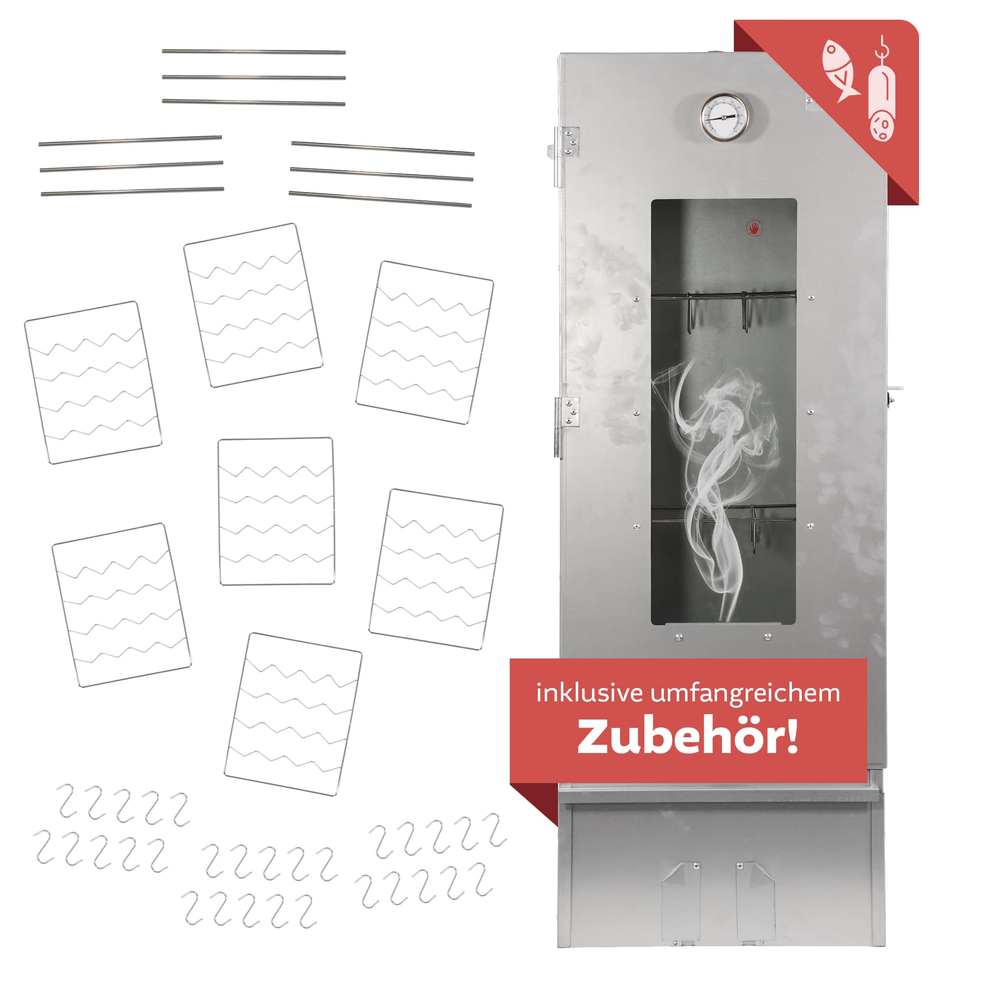 Lemodo, Räucherofen 110 cm aus Stahl, höhenverstellbare Auflageschienen, Sichtfenster, Thermometer, Zubehör für Fisch, Fleisch, Wurst, Käse, Kalt-, Warm- und Heißräuchern, mit Schönheitsfehler