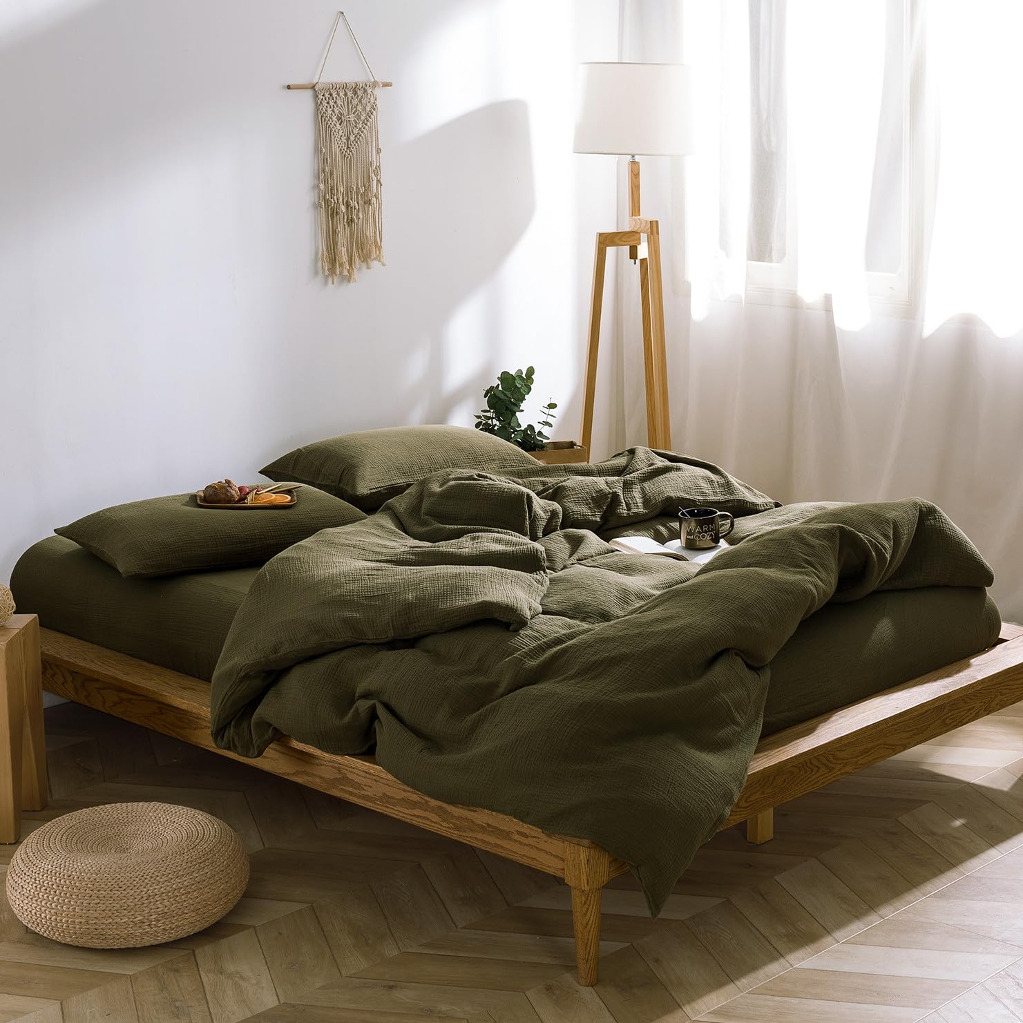 Green Duvet Cover Set Linen Cotton,Queen(90"x90"),Gauze - Olive Green