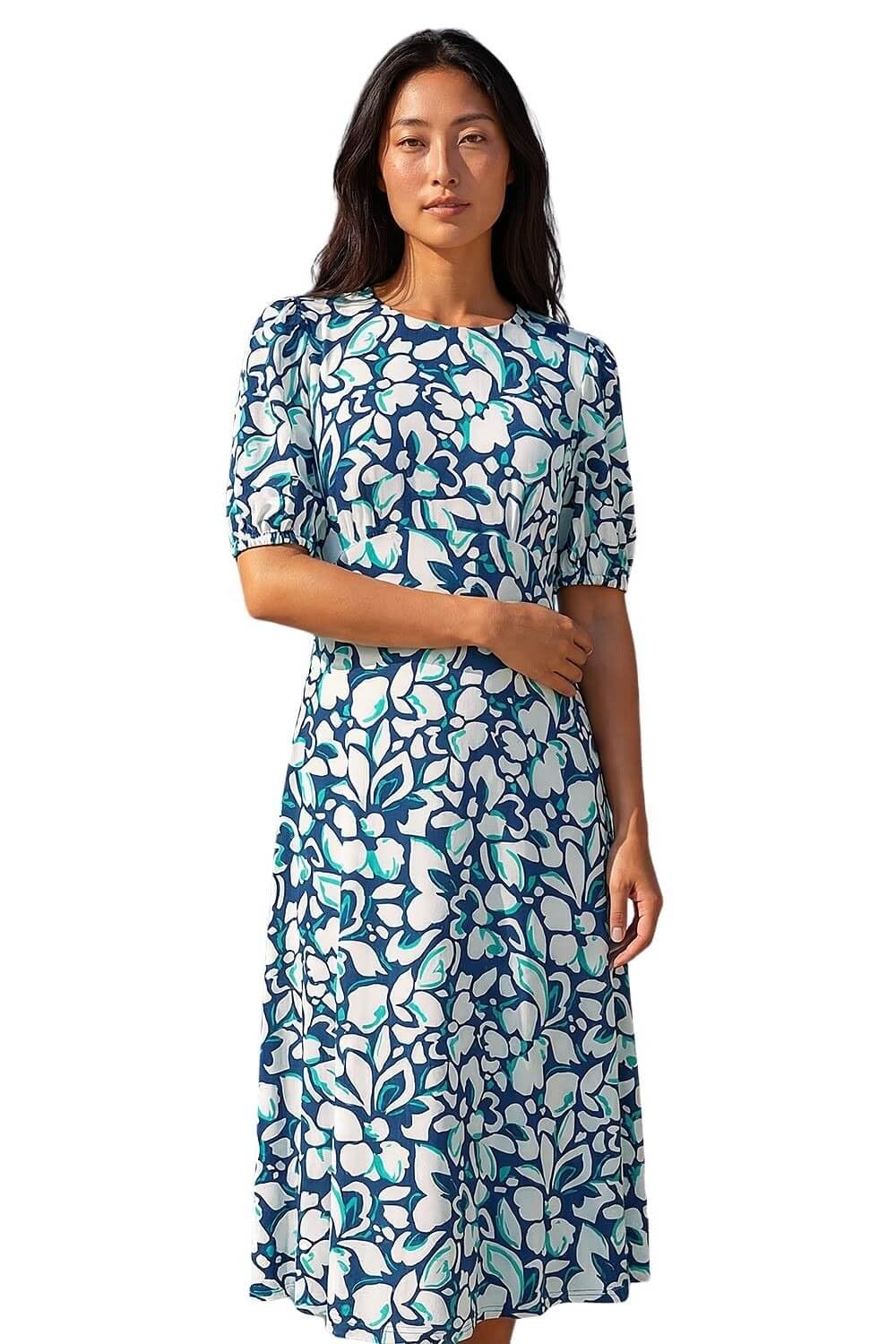 Roman Originals Women's Navy Roman Petite Floral Stretch Midi Dress For Uk - Everyday Holiday Spring Summer Round Neckline Comfy Soft Evening Vacation Work Party - Size 14