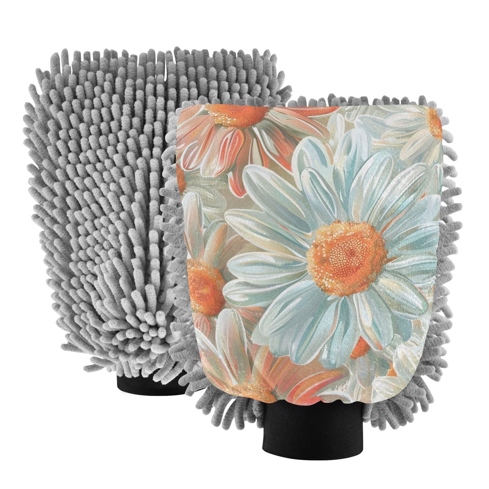 IOACIY Absorbent Microfiber Car Wash Drying Mitts, 2 Pack, Scratch-Free & Lint-Free, Rich Foam, Highly Absorbent, Double Sided, Wash Mitt Perfect for Car Washing, L, Daisy (2)